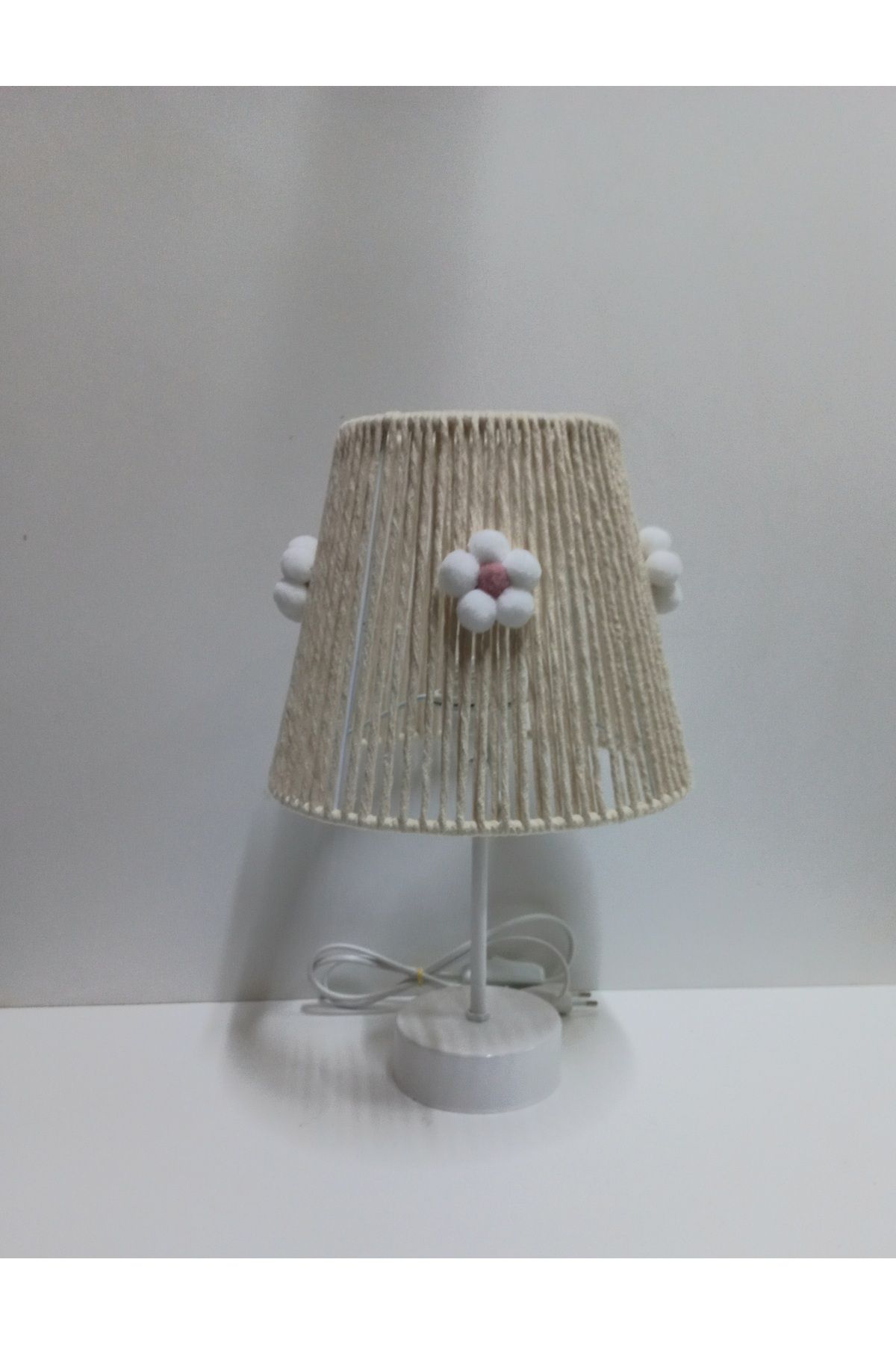 C&A&B KUZEY AVİZE-Ekru Makrome Rope Hanger Pink Flower Pompon Baby Girl and Children's Room Lamp Shade 1