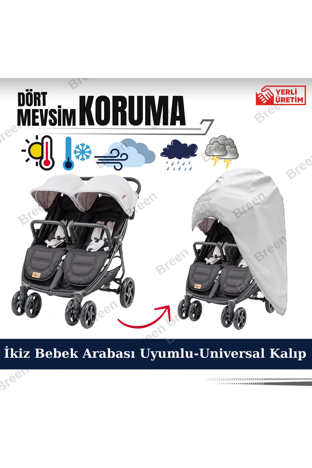 Breen İkiz Bebek Arabası Branda- Gri Koruyucu Örtü, Su Geçirmez, Tozdan korur