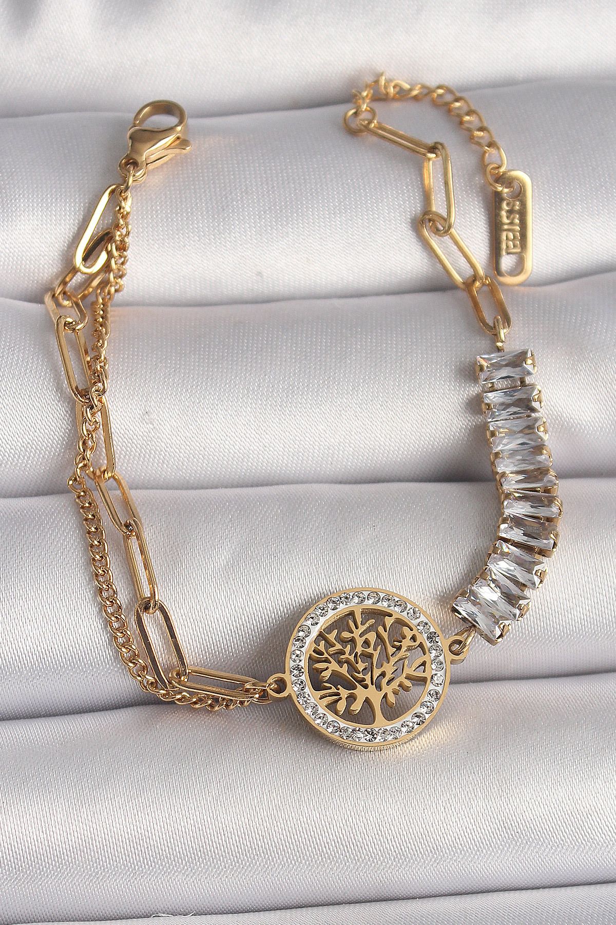 New Things 316L Çelik Gold Renk 2 Li Zincir Su Yolu Zirkon Taşlı Yaşam Ağacı Figür Kadın Bileklik
