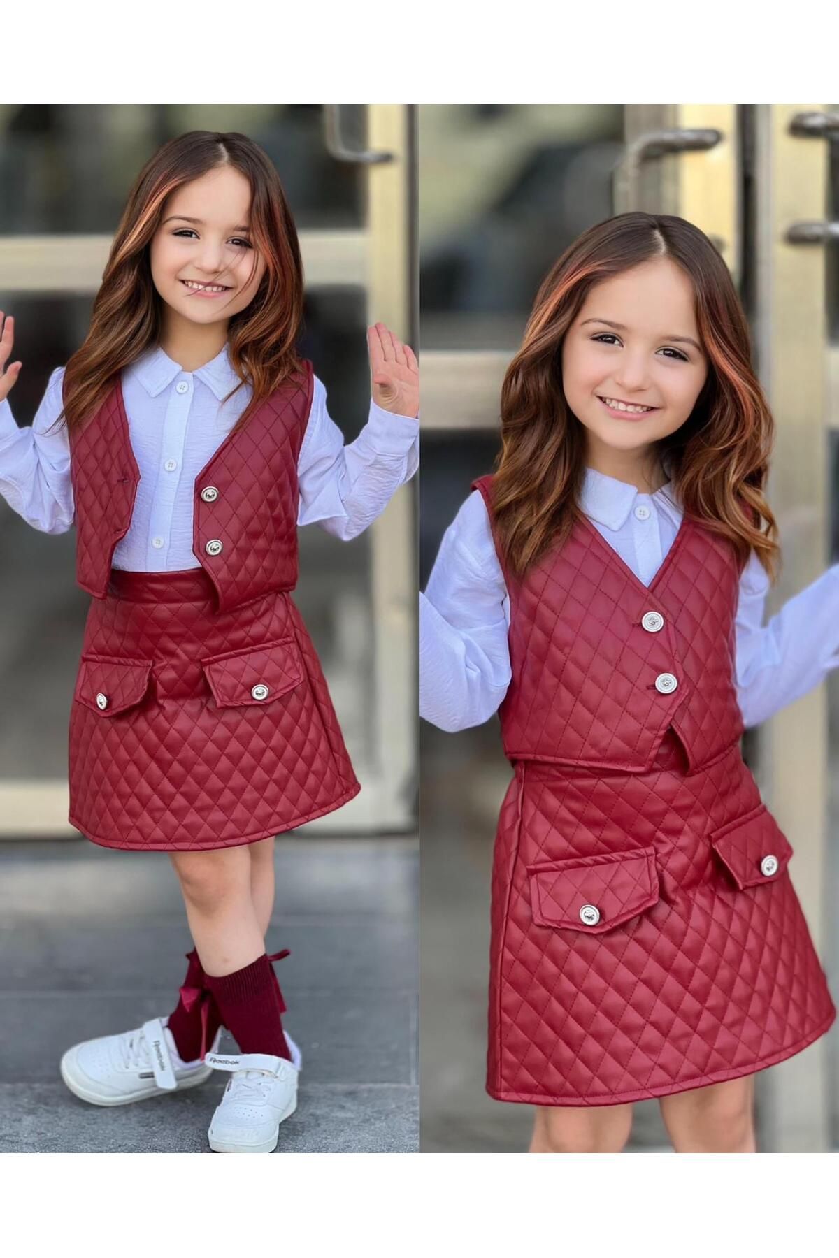 Bebeğimin Dolabında-Red Girl's Set with Skirt and Vest - Leather Detail 3