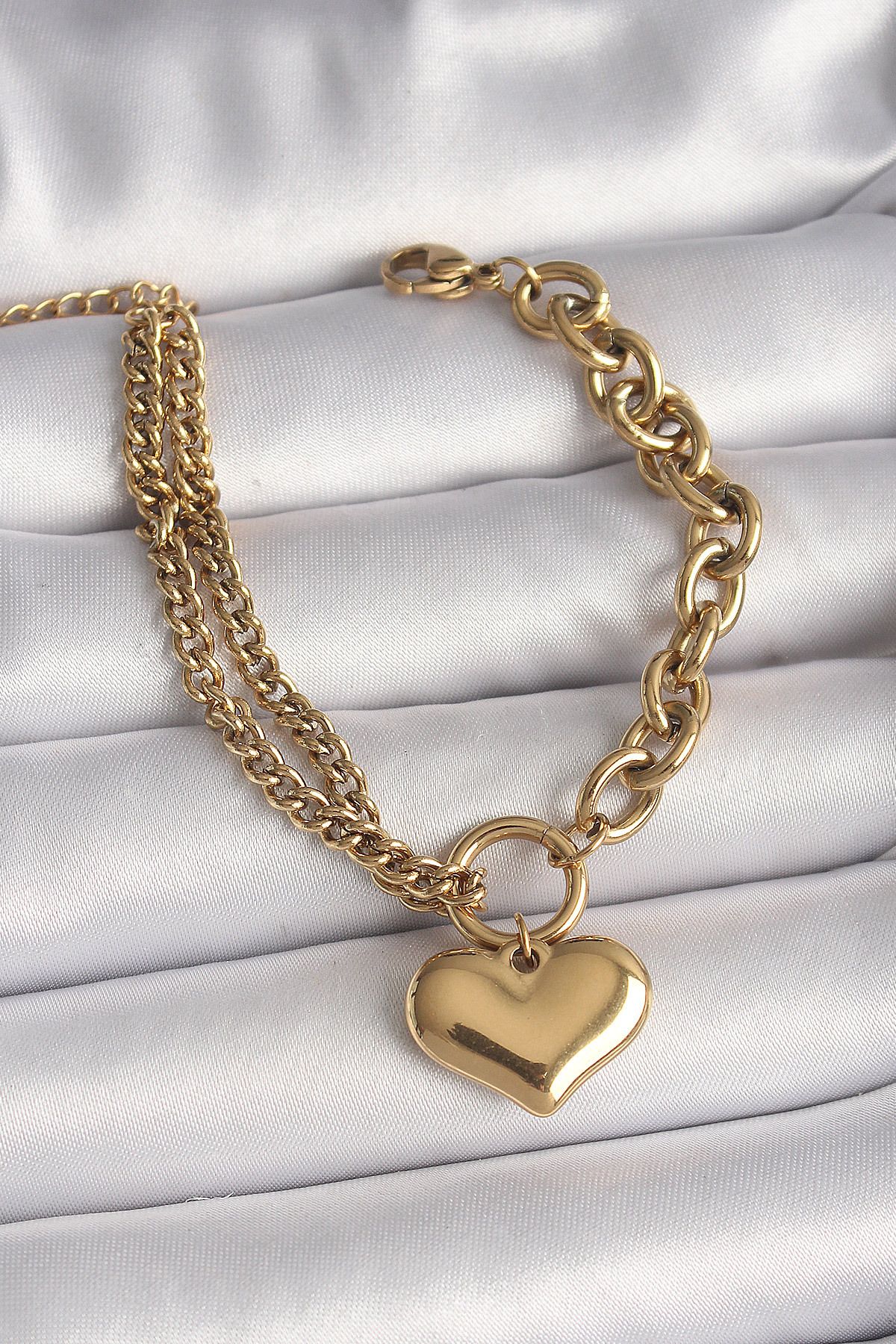 New Things 316L Çelik Gold Renk 2 Li Zincir Model Kalp Figür Kadın Bileklik