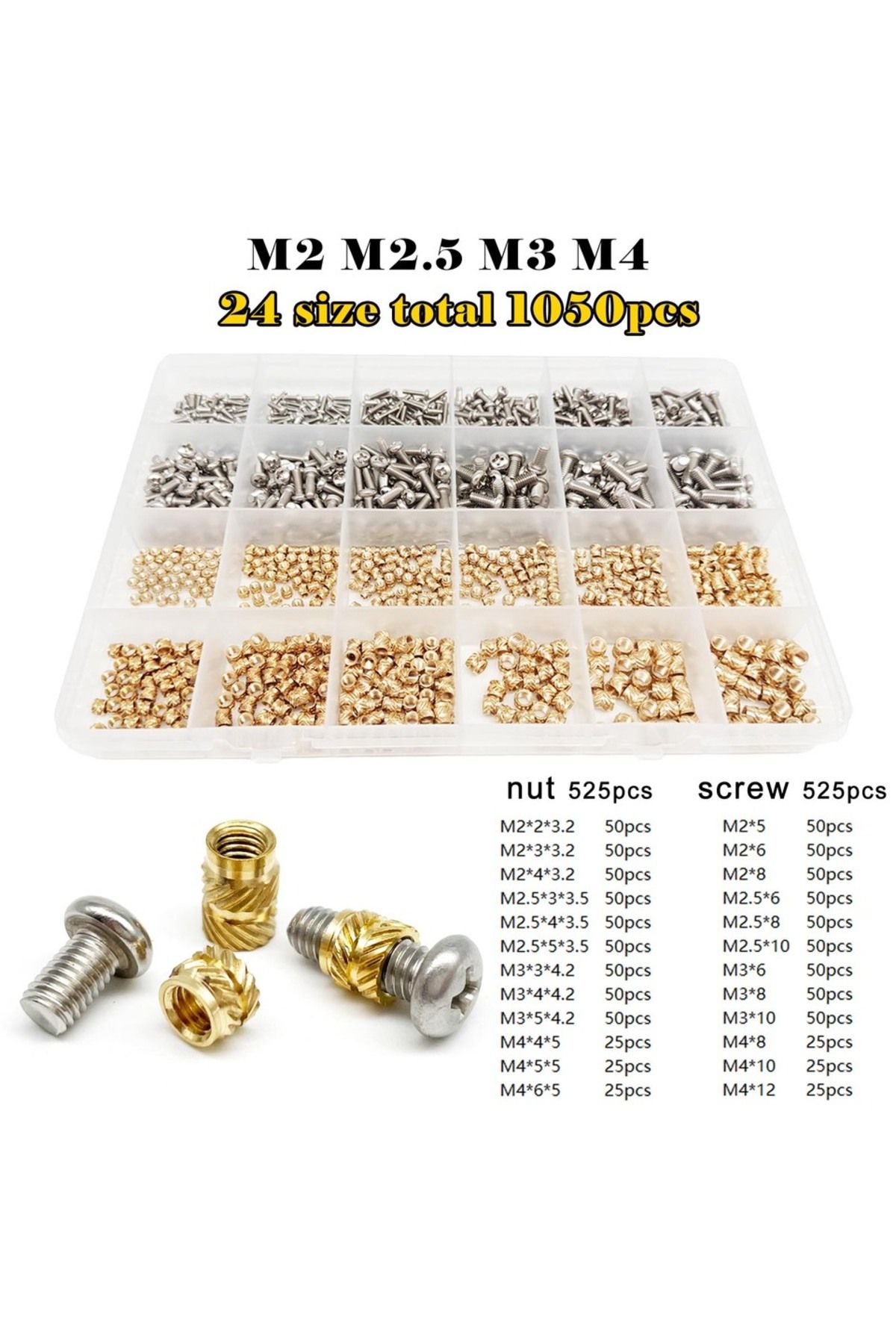 Michastu-M2m2.5m3m4 1050pcs Brass Copper Embed Insert Nut Screw Kit Set M1.4m1.6 M2 M2.5 M3 M4 M5 M6 For Heat 1
