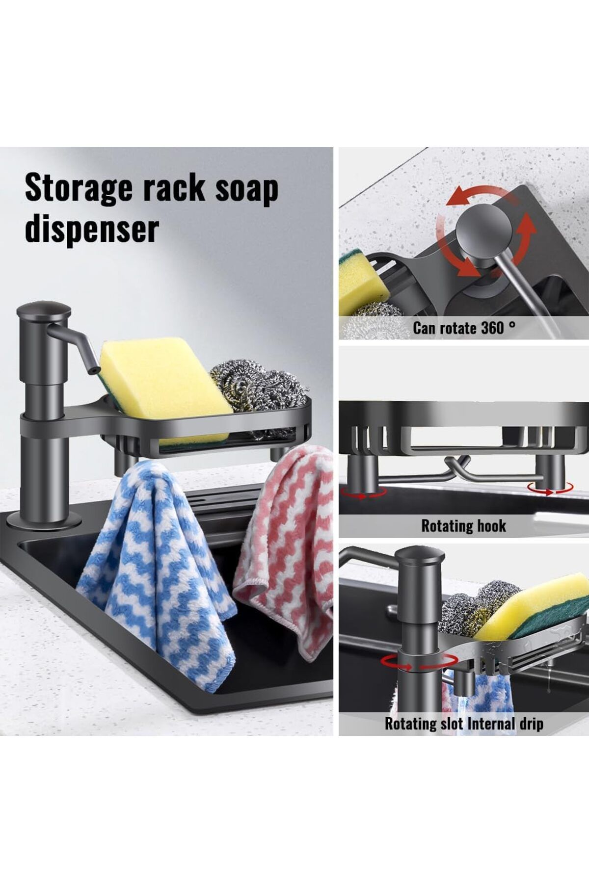 NIUXIANG-Black Dish Soap Dispenser For Kitchen Sink Dispenser Countertop Soap Dispenser Pump With Storage Rac 7