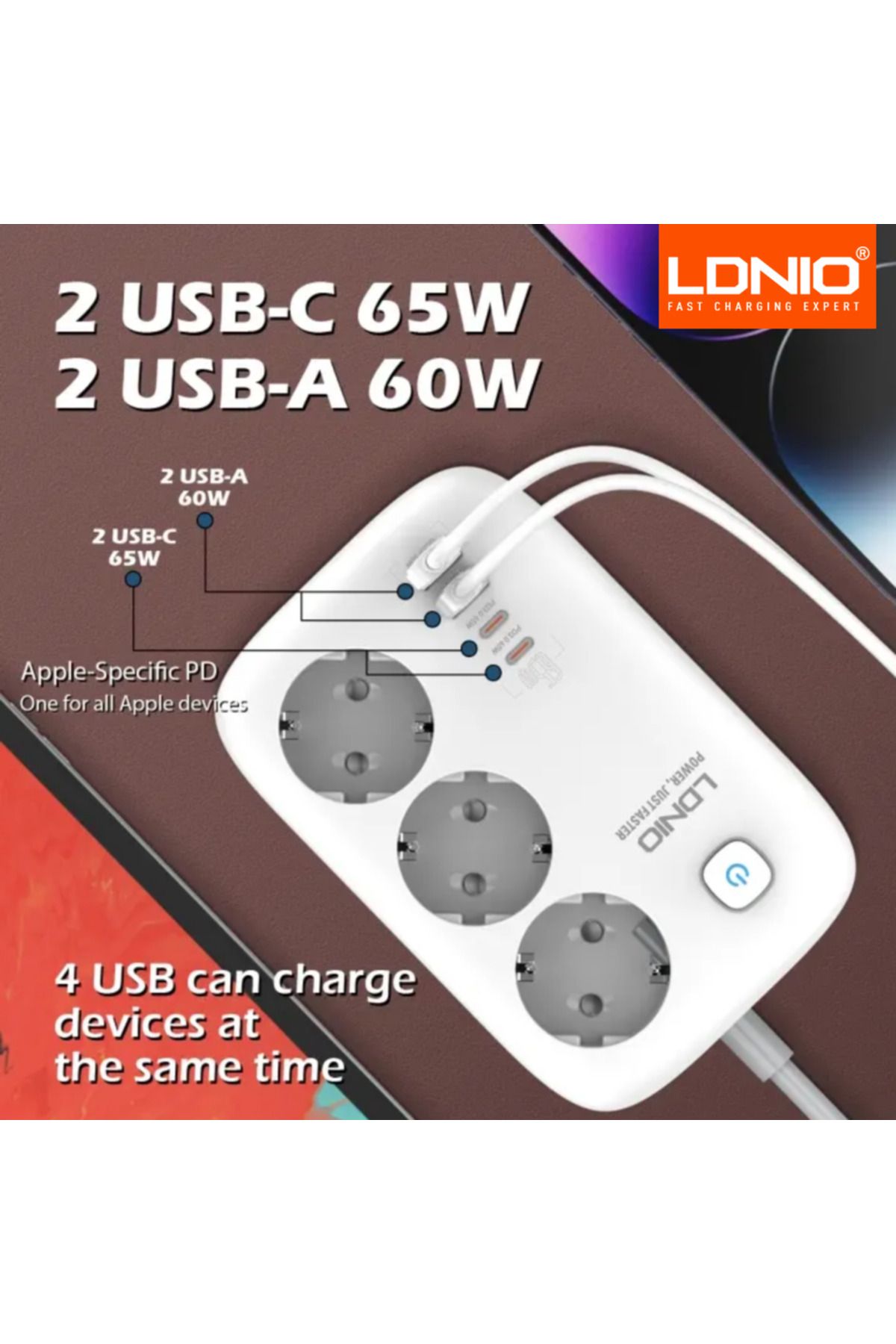 Choice-Eu Ldnio 3 Outlets Power Strip Eu Standard With Pd 65w 4 Usb Port Usb Charging 2m Extension Cord Soc 3