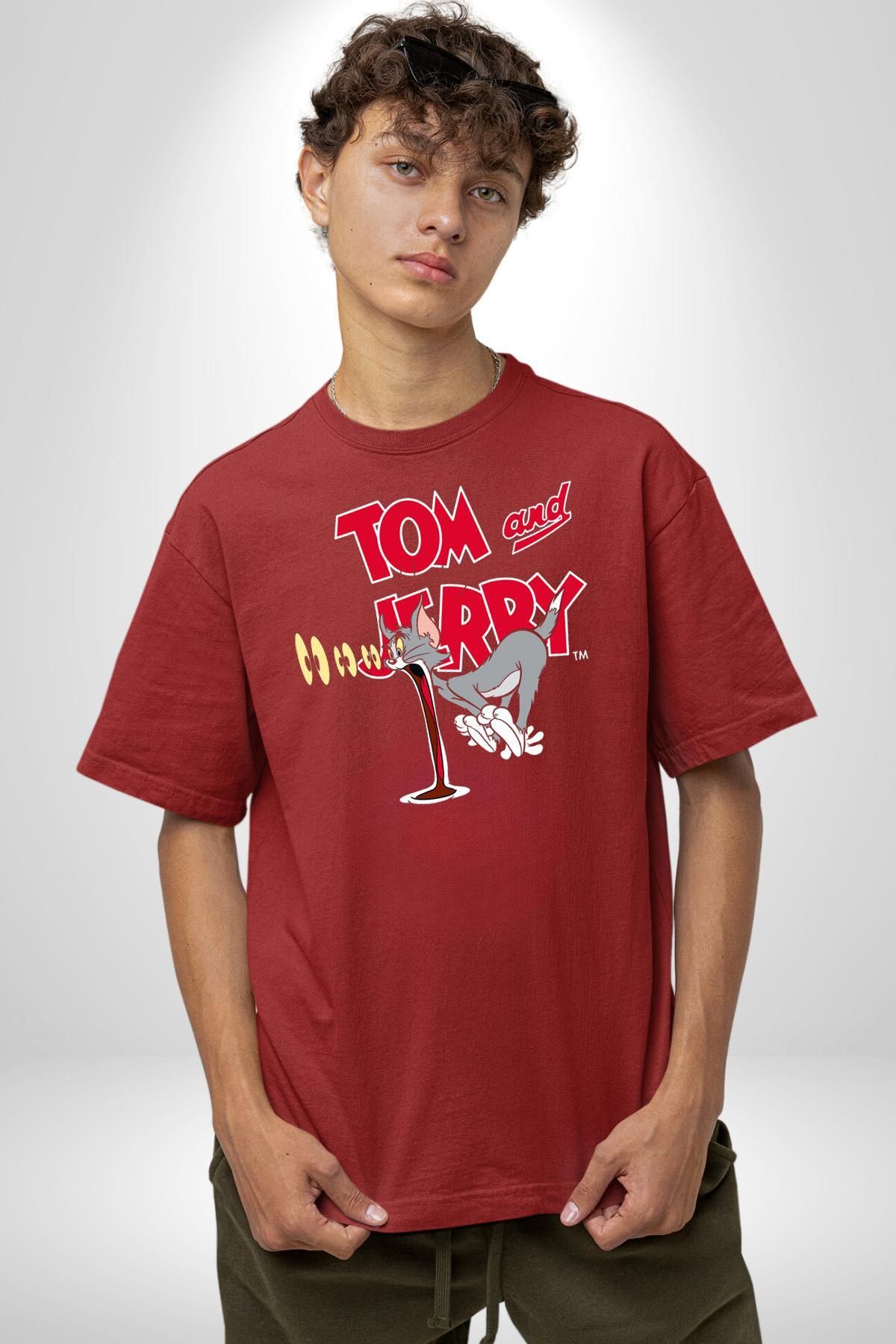 Navcoli-Tom and Jerry Confused Look Cartoon Graphic Printed Cotton Combed Cotton Women Men Red T-Shirt 3