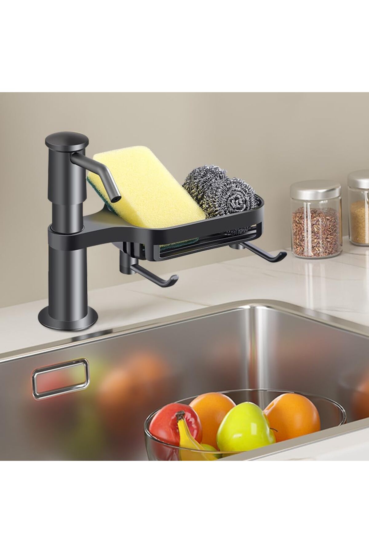 NIUXIANG-Black Dish Soap Dispenser For Kitchen Sink Dispenser Countertop Soap Dispenser Pump With Storage Rac 4