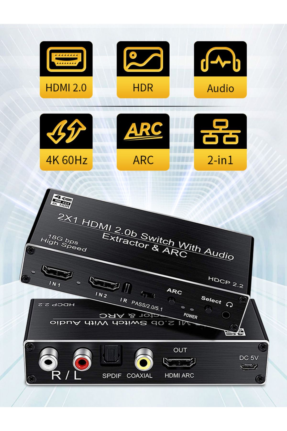 Choice-2 × 1 مع مخرج صوت، مفتاح HDMI مع مستخرج صوت، مقسم صوت HDMI 4K 60 هرتز، 2 في 1 مخرج HDMI إلى C 7