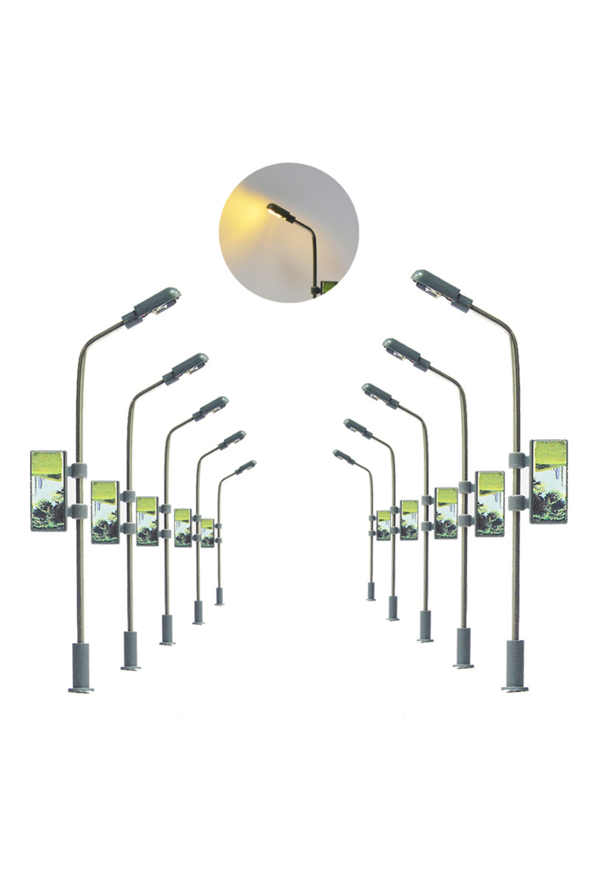 مقیاس ۱۵۰، ۵ عدد چراغ تبلیغاتی مینیاتوری ۳ ولت LED، چراغ خیابانی، پایه چراغ روشن، کیت مدل، ریل‌وا