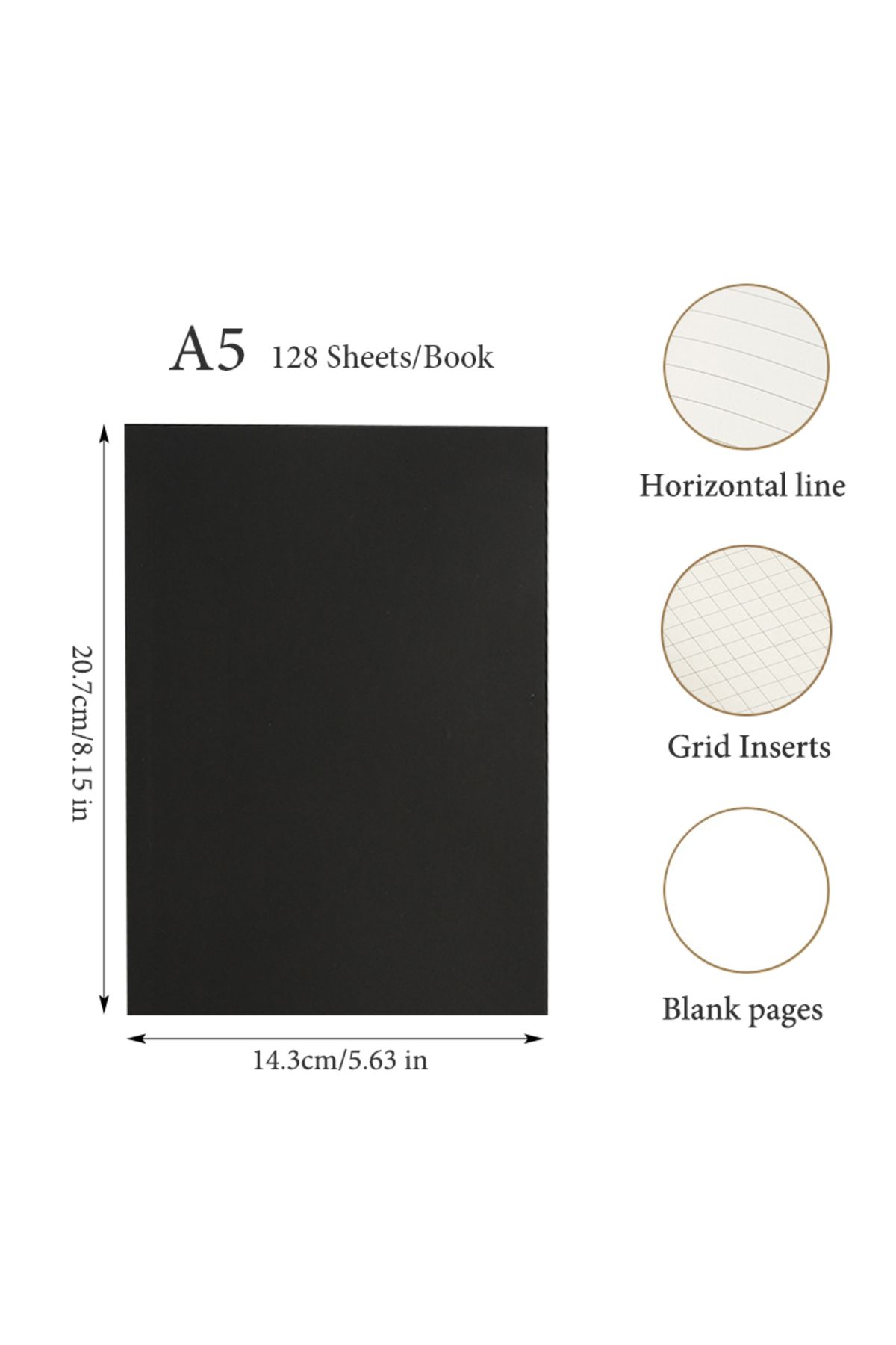 Choice-Grid Inside A5 Black Cover A5/B5 Notebook,128 Sheets/256 Pages/Book,Blank,Horizontal Line and Grid P 1
