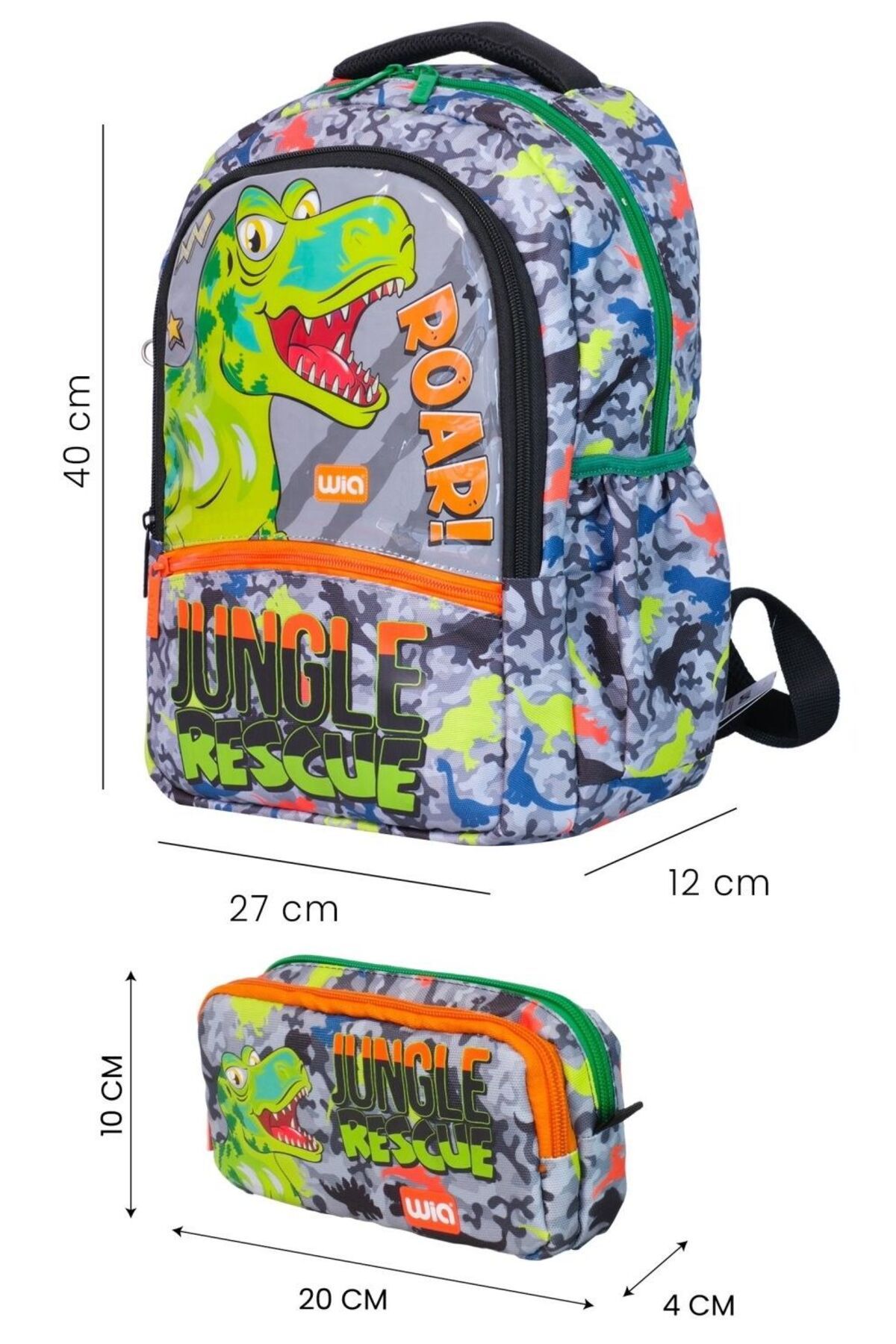 Wia-Dinosaur Printed Boys' Double Primary School Schoolbag Set - Backpack+Pencil Holder - Green - Gray 2