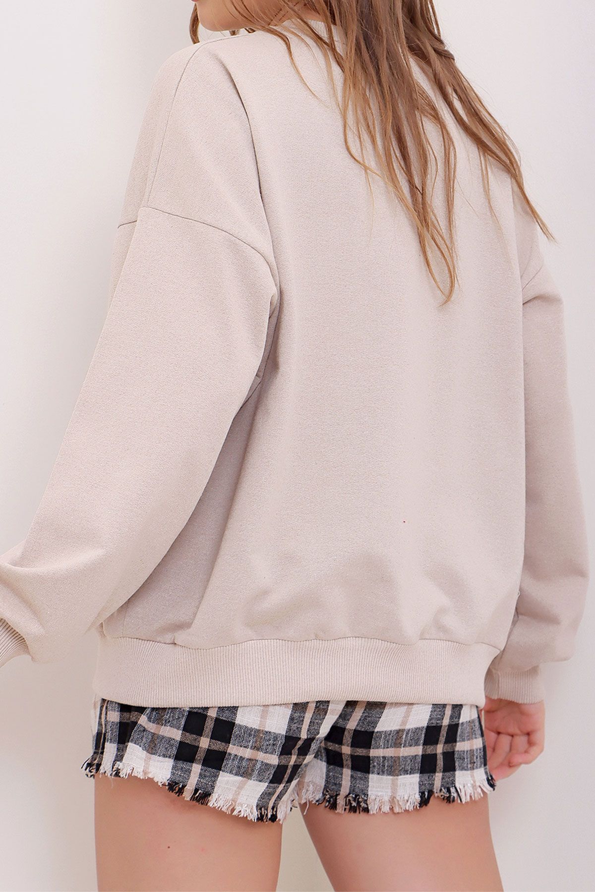 VAGGON-Women's Stone Crew Neck Oversize Seasonal Basic Seasonal Sweatshirt 3