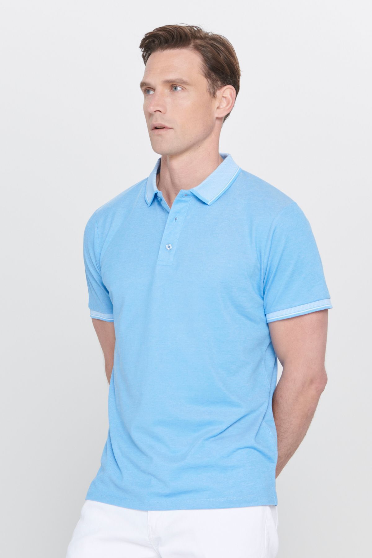 AC&Co / Altınyıldız Classics-Tricou cu guler polo pentru bărbați - bumbac necontractabil, croială subțire, fără ondulare, alb saxa 3