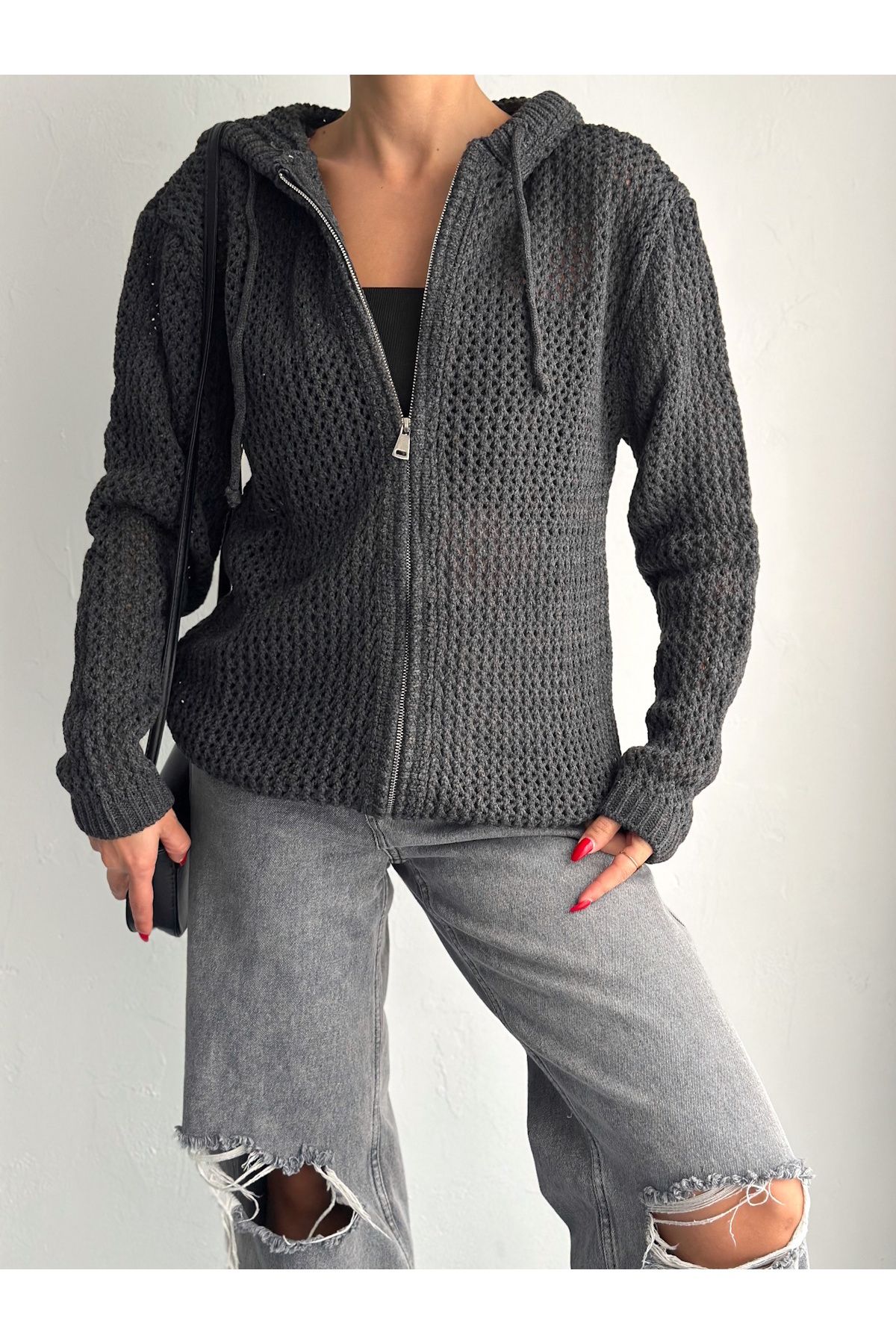 misslike fashion-Cardigan din tricot din bumbac, cu glugă, cu fermoar, afumat 3