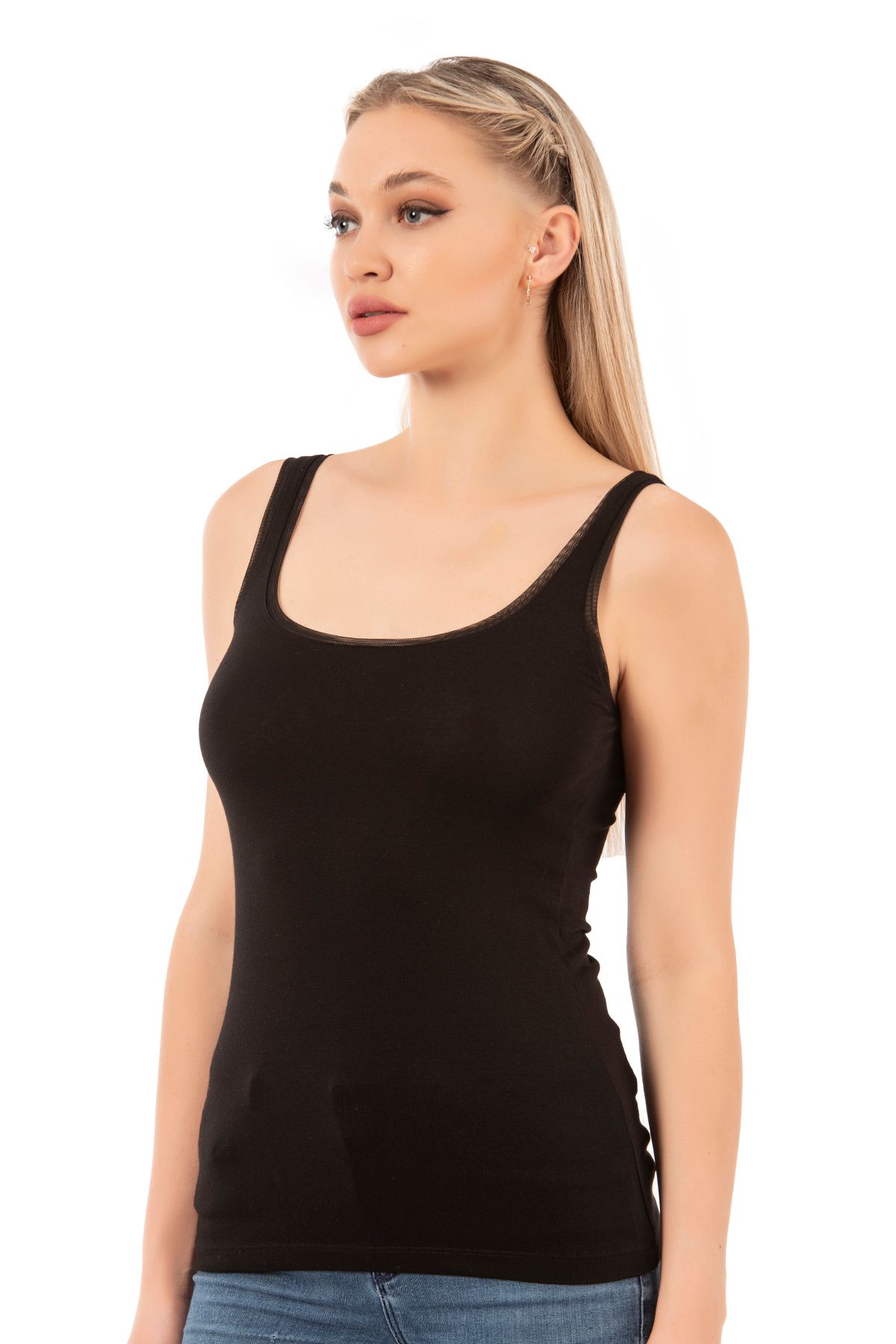 ÖZKAN underwear-Özkan 25493 Women's Premium Fabric Modal Cotton Lycra Tulle Ribbed Thick Straps Undershirt 3