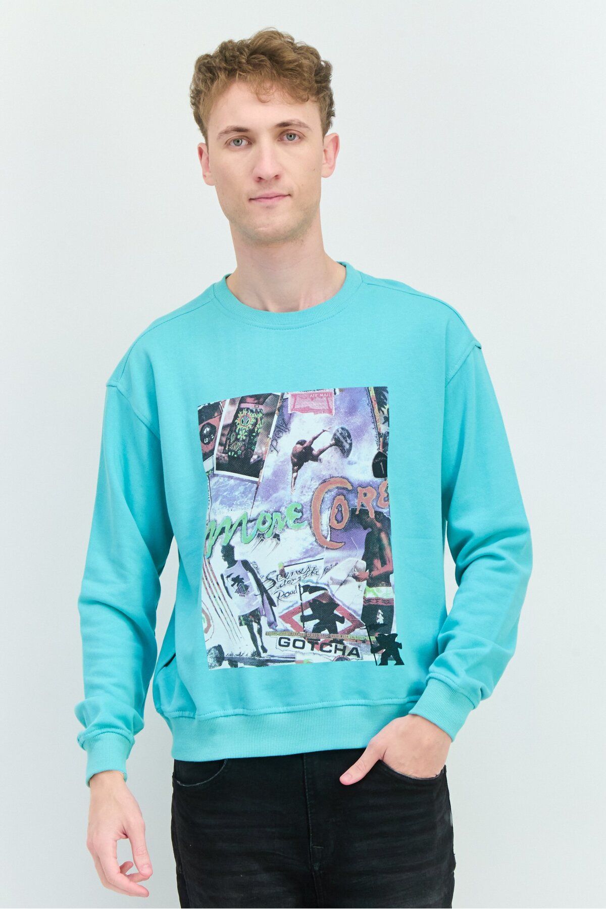 Goliath-Men Crew Neck Long Sleeve Graphic Print Sweatshirt, Turquoise 1