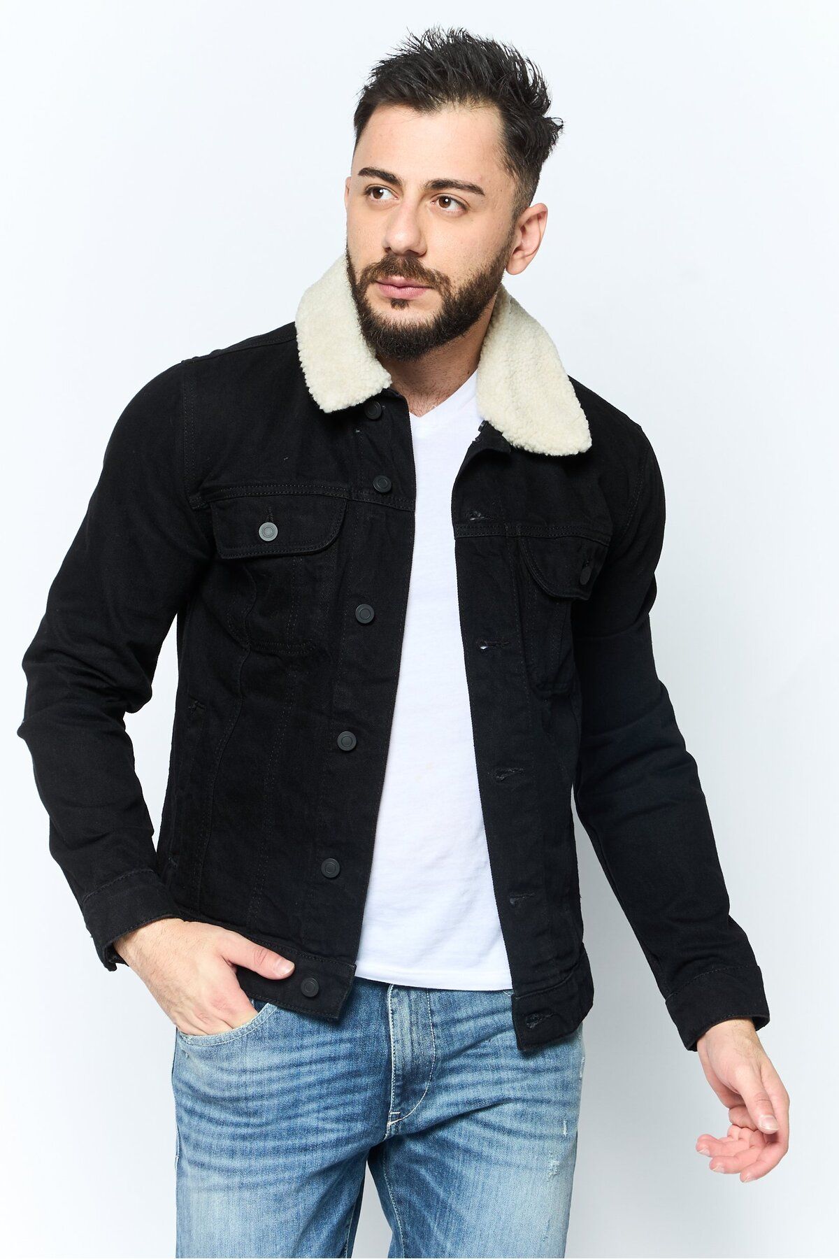 Asos Design-Men Textured Denim Jacket, Black 1