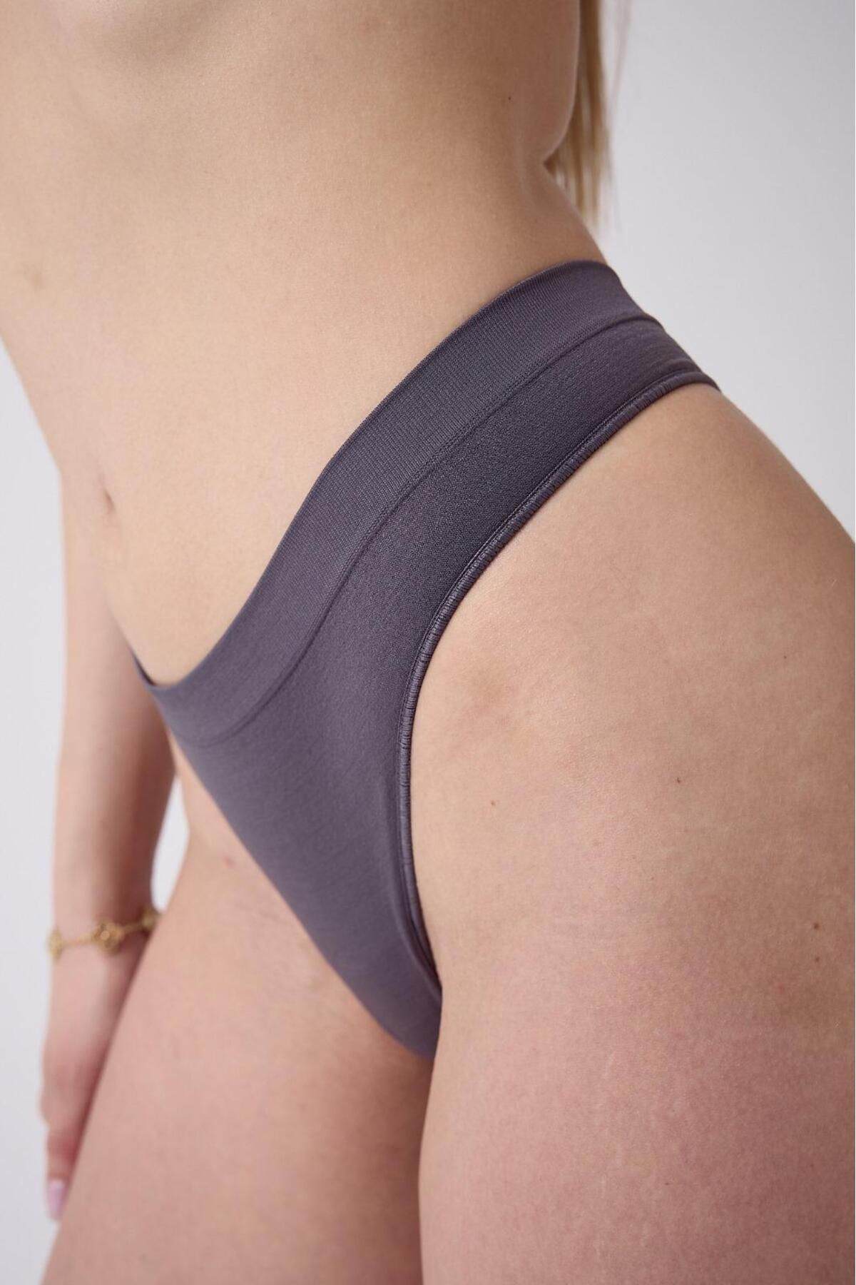 MİSTİRİK-Navelli Model String Panties Plain Patternless Plain Soft Fabric String Panties Dark Gray Color 2