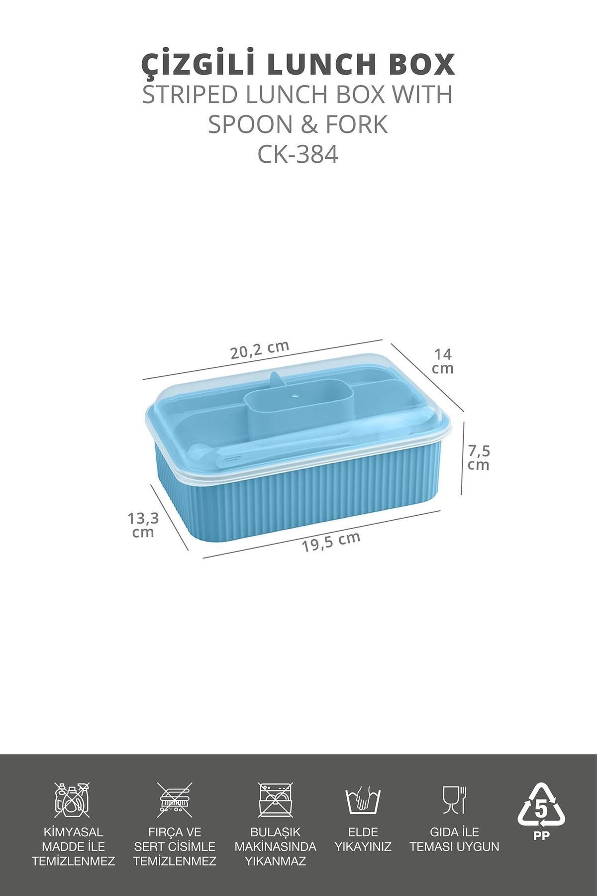 Okyanus Home-Blue Striped Lunch Box 5 Compartments Lunch Box with Fork and Spoon Transparent Lid 5