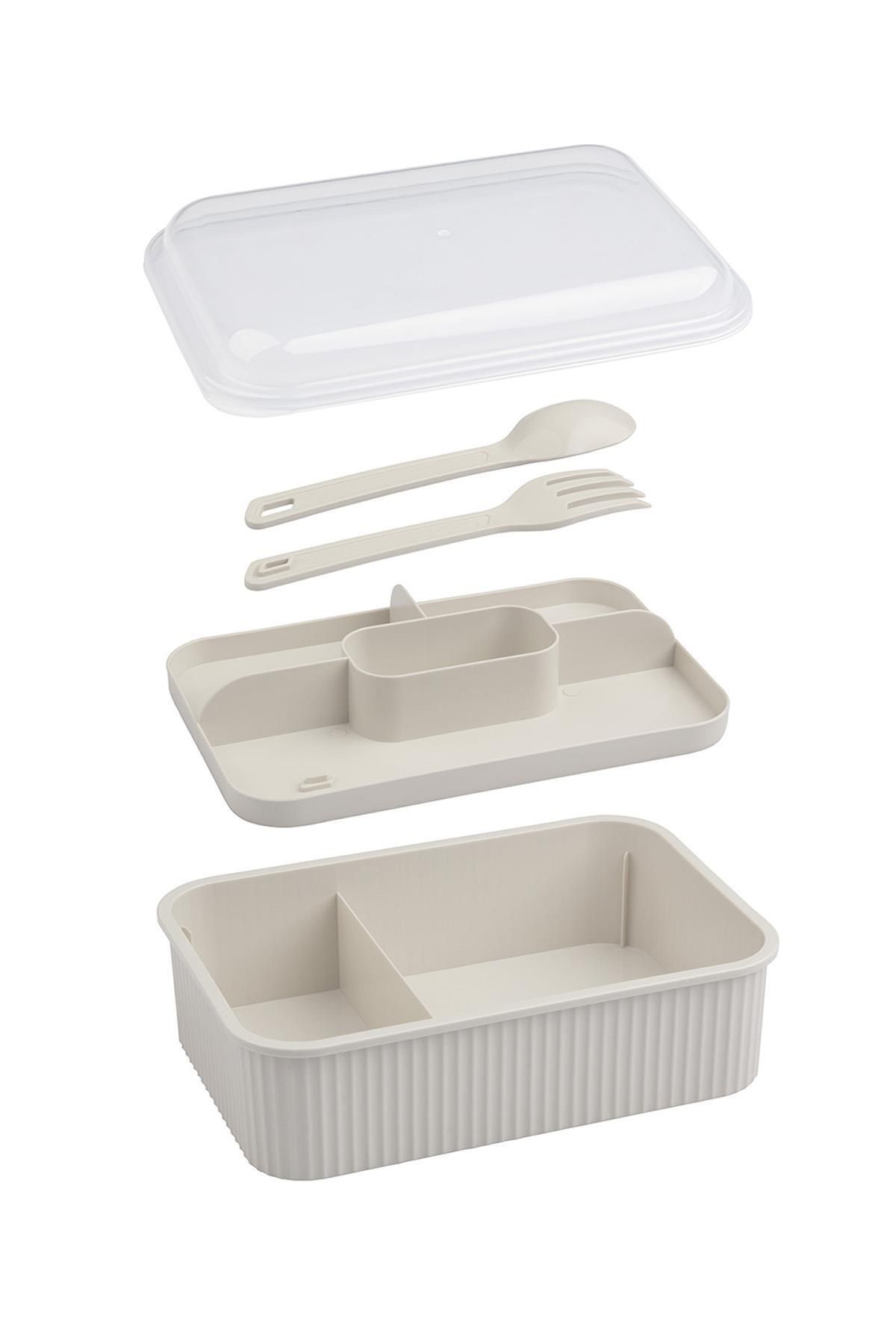 Okyanus Home-Beige Striped Lunch Box 5 Compartments Lunch Box with Fork and Spoon Transparent Lid 5