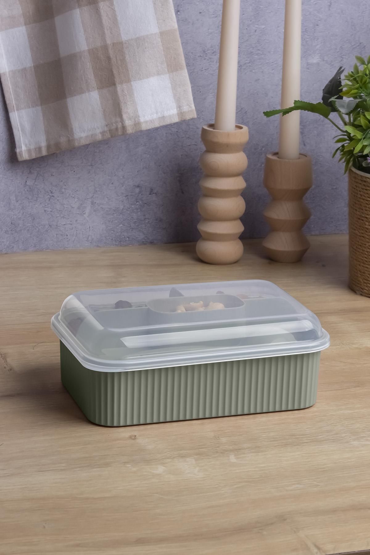 Okyanus Home-Green Striped Lunch Box 5 Compartments Lunch Box with Fork and Spoon Transparent Lid 4
