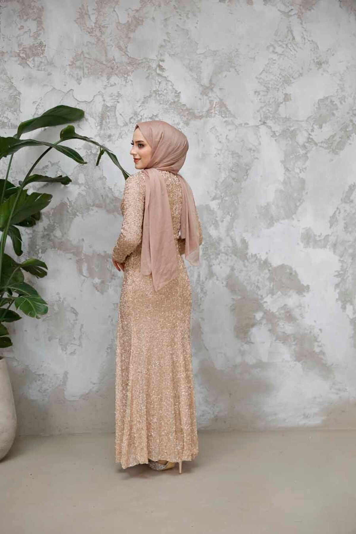Neva Style-Beaded Biscuit Hijab Evening Dress 50341Bs 4