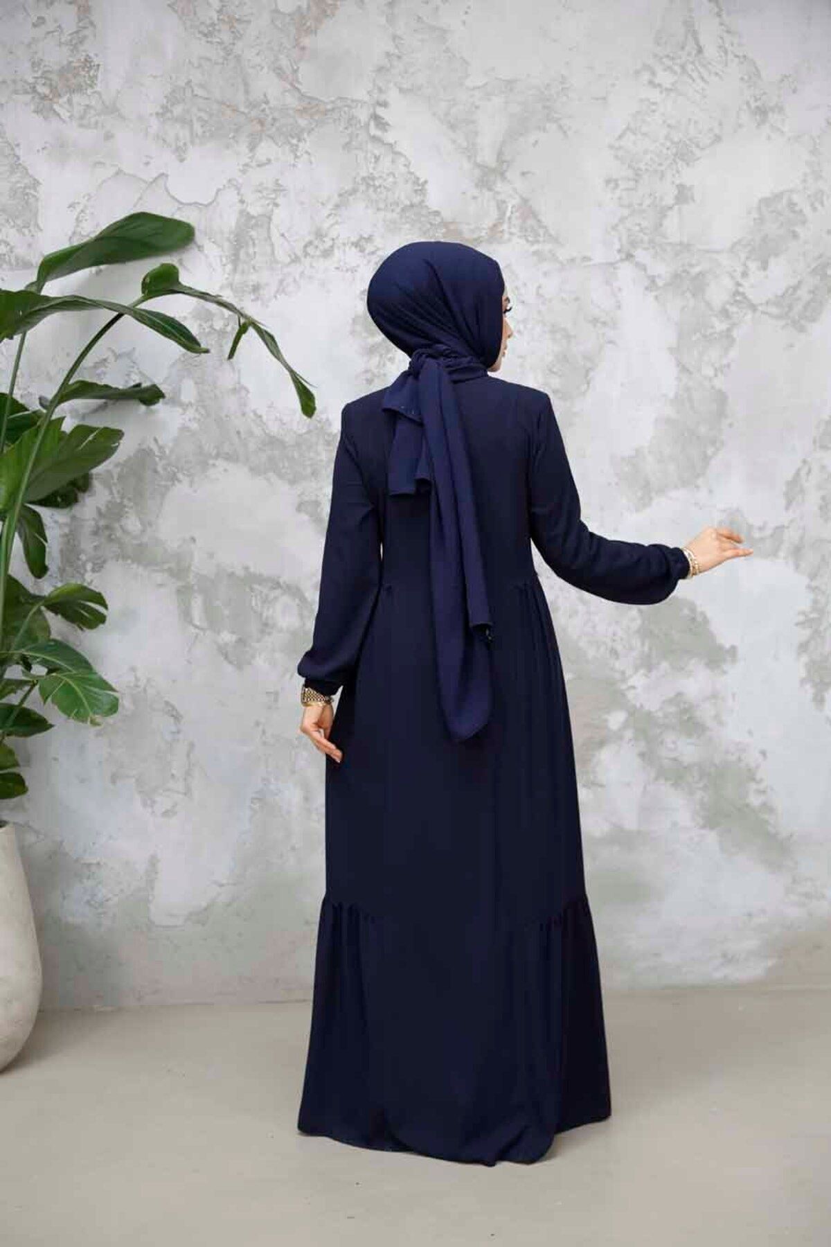 Neva Style-Navy Blue Zippered Hijab Abaya - 8133L 4