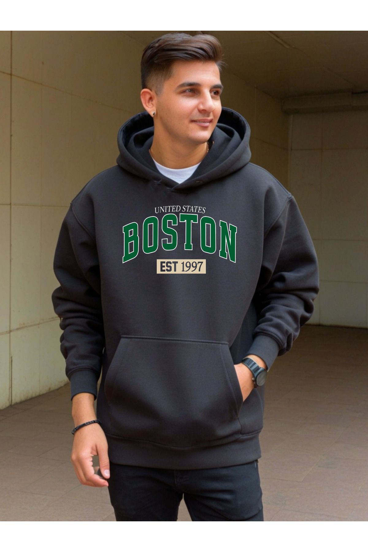 DEEPSENCE-Unisex Oversize Hooded Sweatshirt - Black Boston Green 2