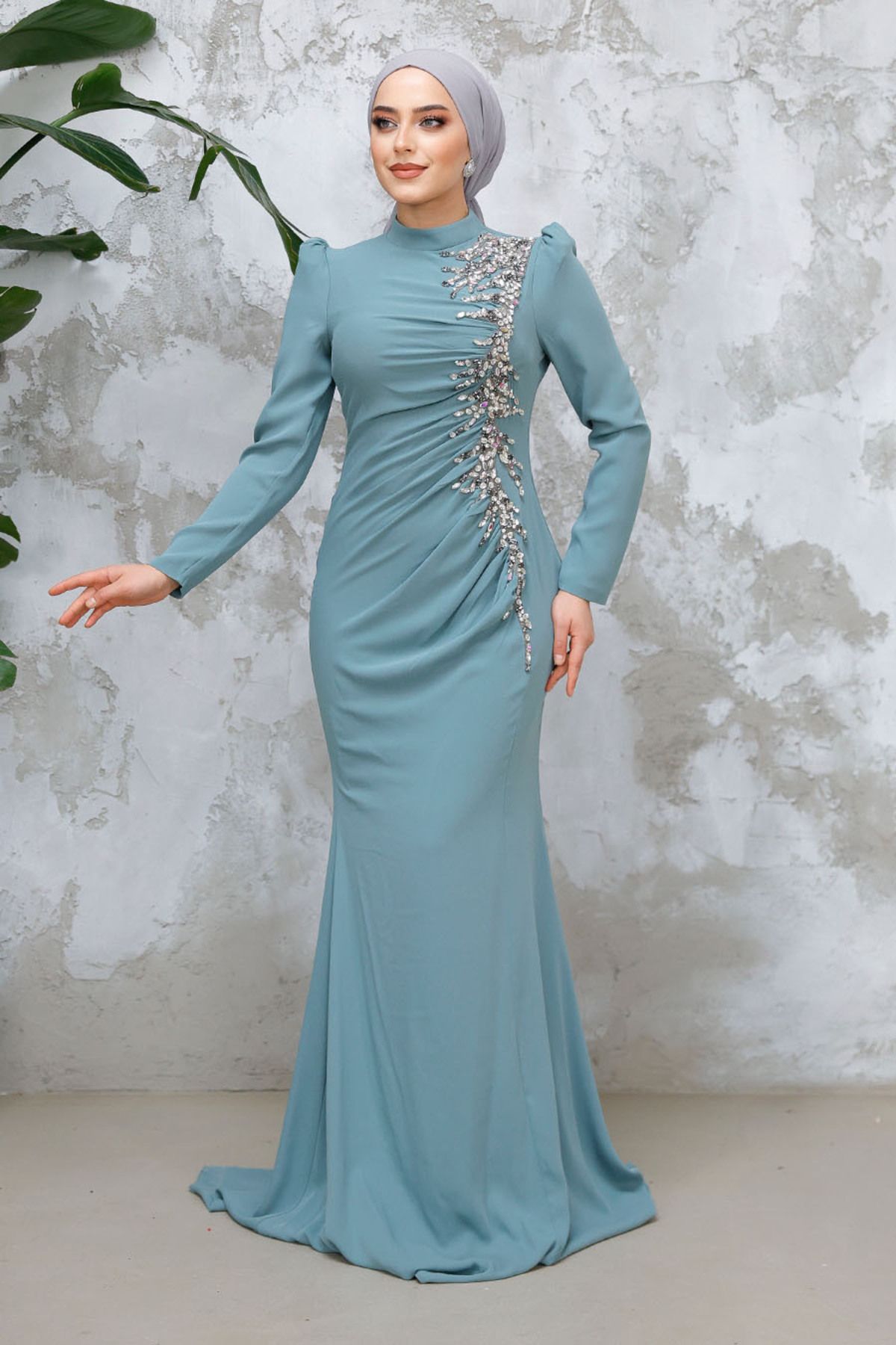 Neva Style-Beading Embroidered Green Hijab Evening Dress 4964Cy 1