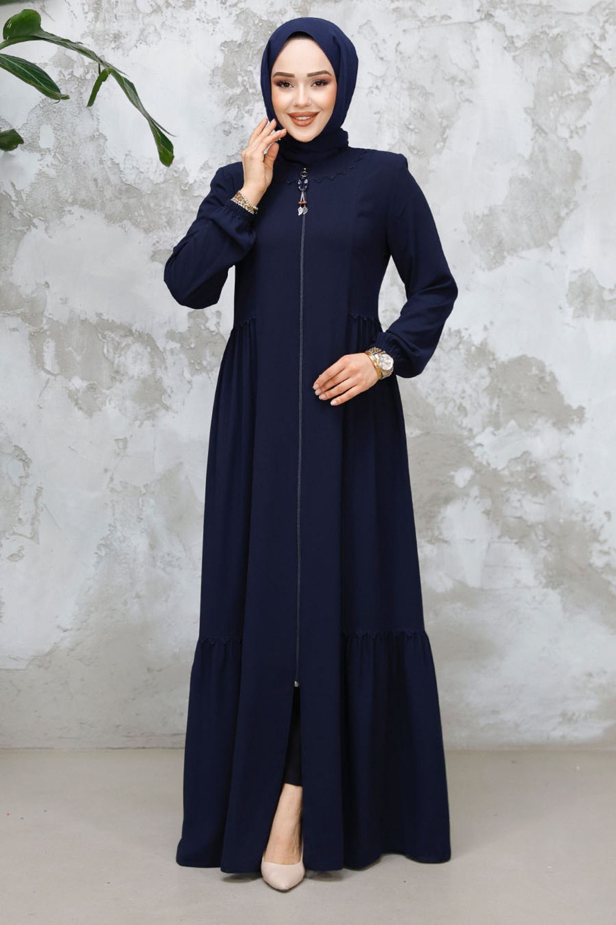 Neva Style-Navy Blue Zippered Hijab Abaya - 8133L 3