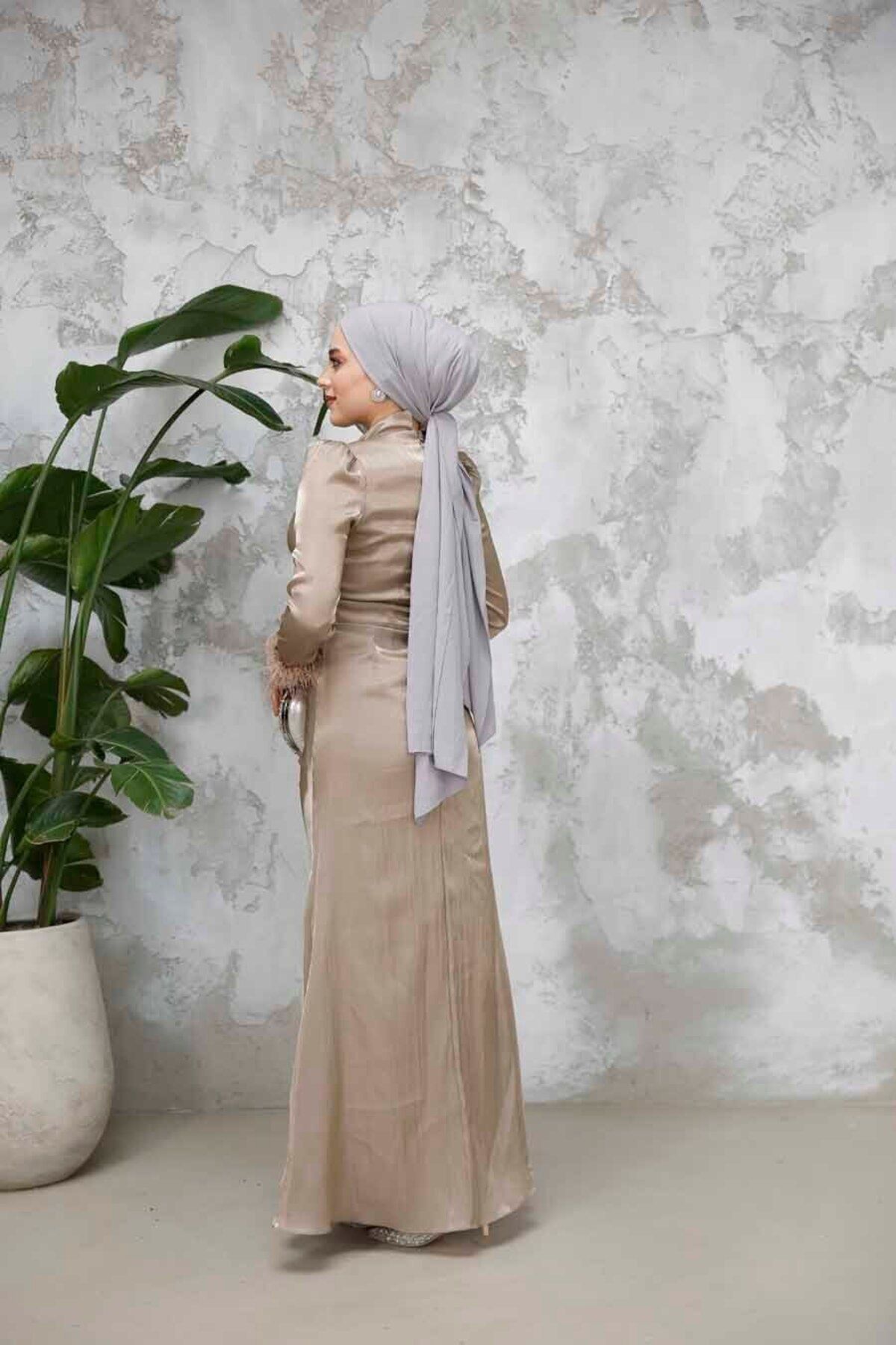 Neva Style-فستان سهرة حجاب بيج مزين بالريش 50481بيج 4