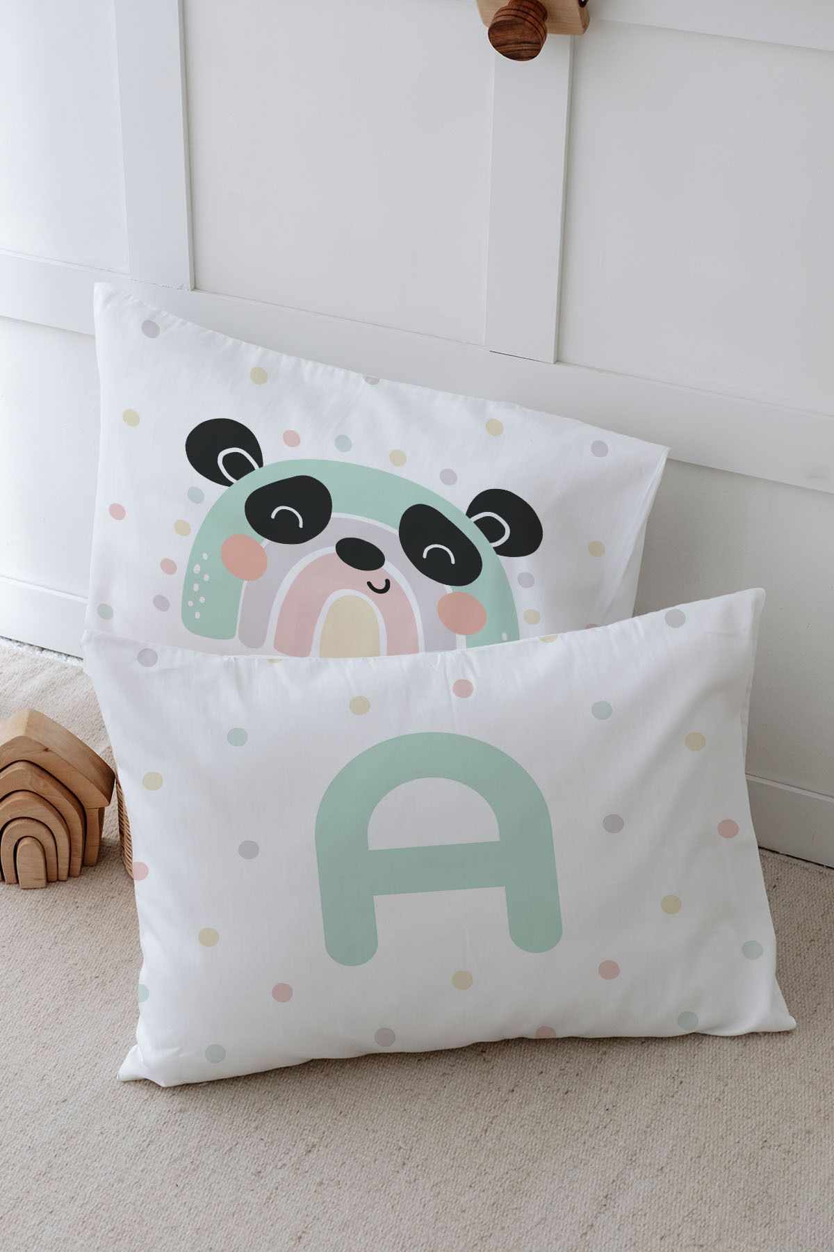 Tuğba Kuğu-2-Piece Pillow Case (50x70) Mint Blue Panda - Letter Series - Letter A 2