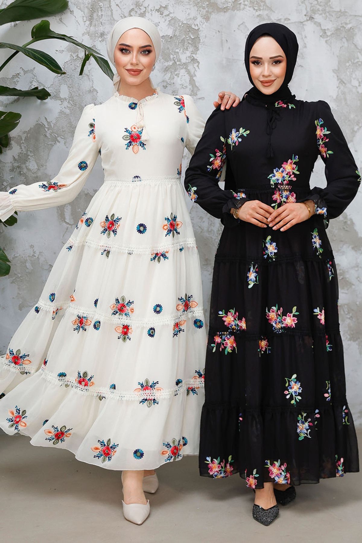 Neva Style-Embroidery Patterned Ecru Hijab Dress 45541E 5