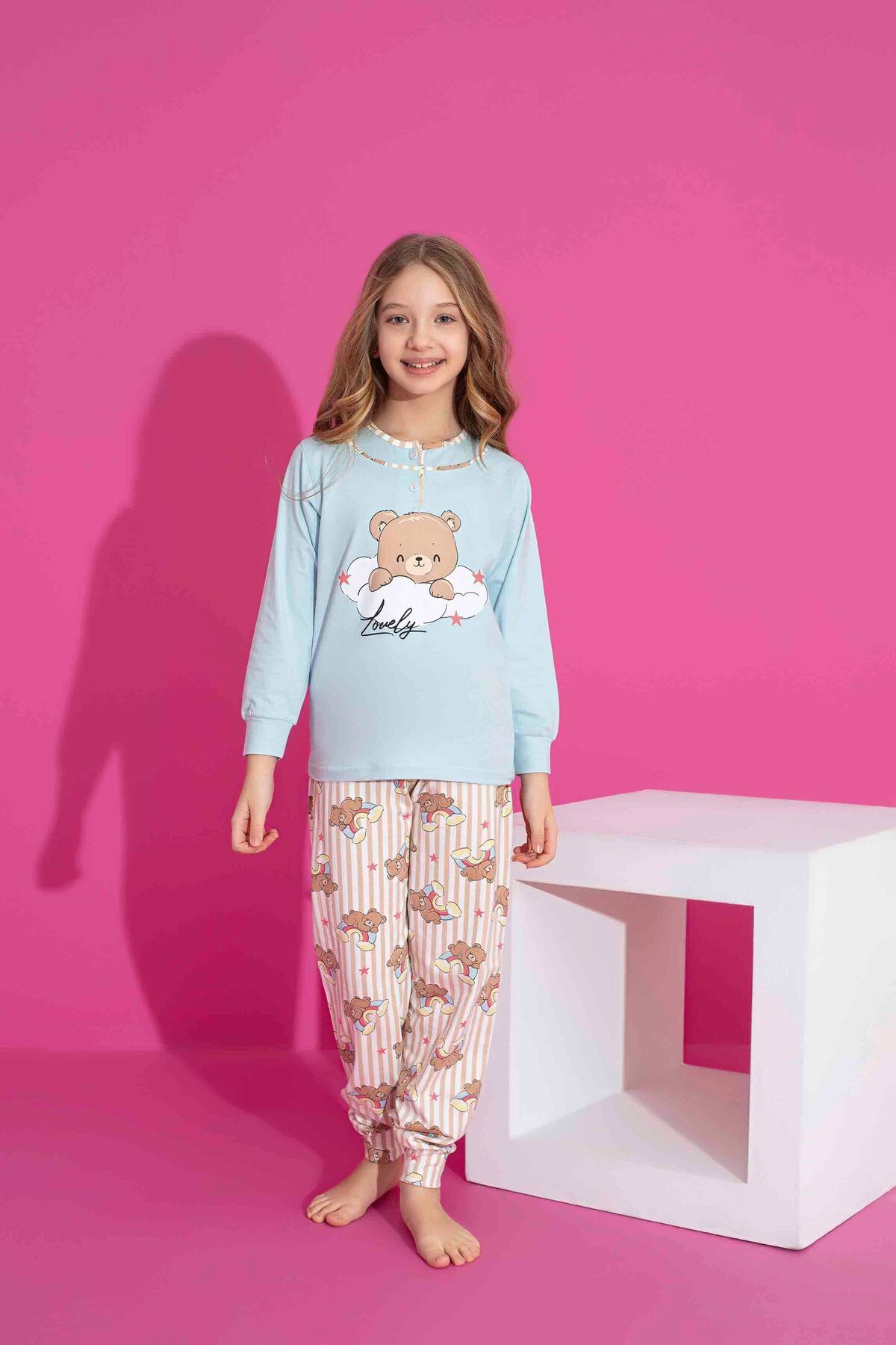 Tarık-Girl's Bear Patterned Long Sleeve Pijama Set 1