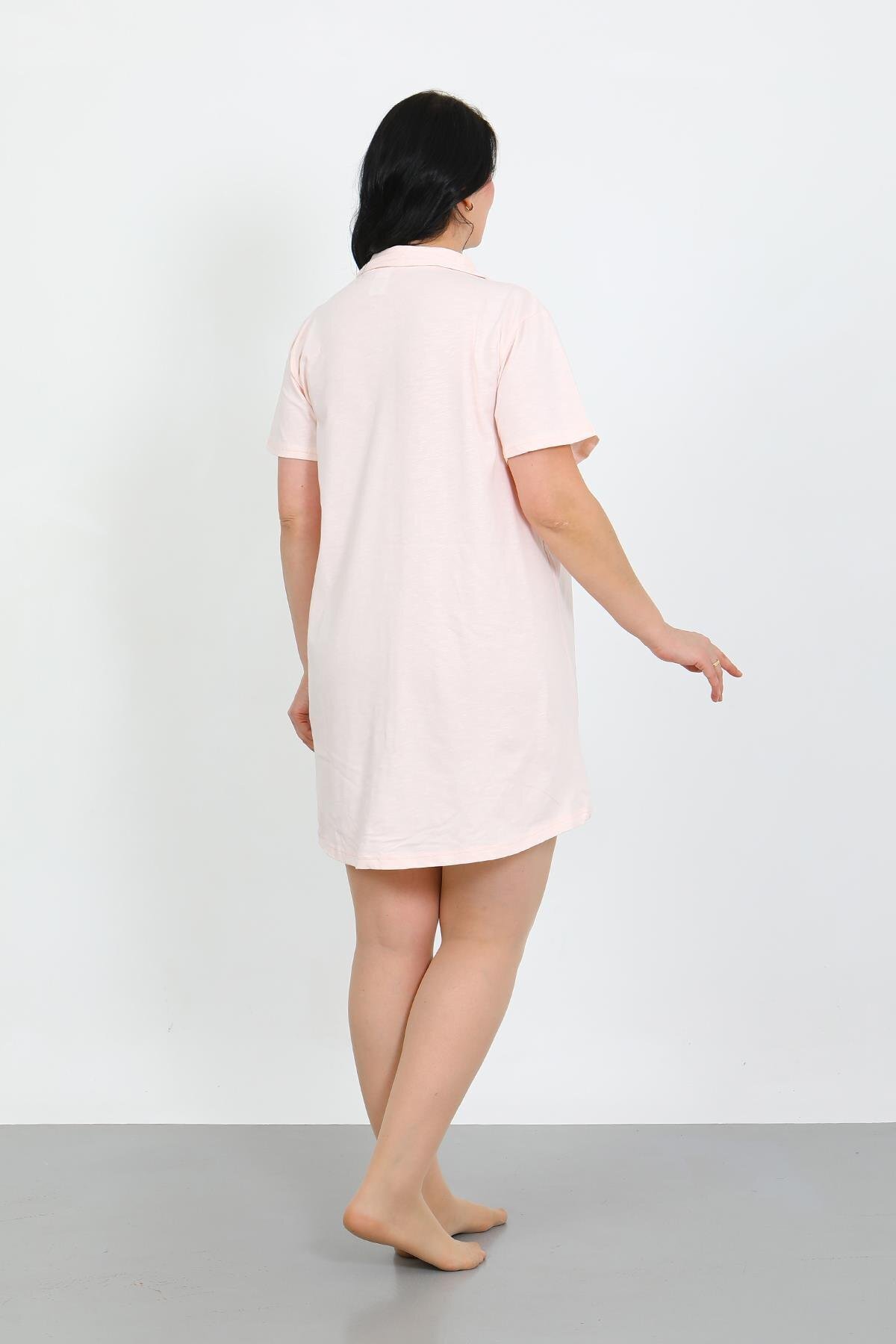 Akbeniz-Plus Size Combed Cotton Buttoned Powder Tunic Nightgown 1025 3