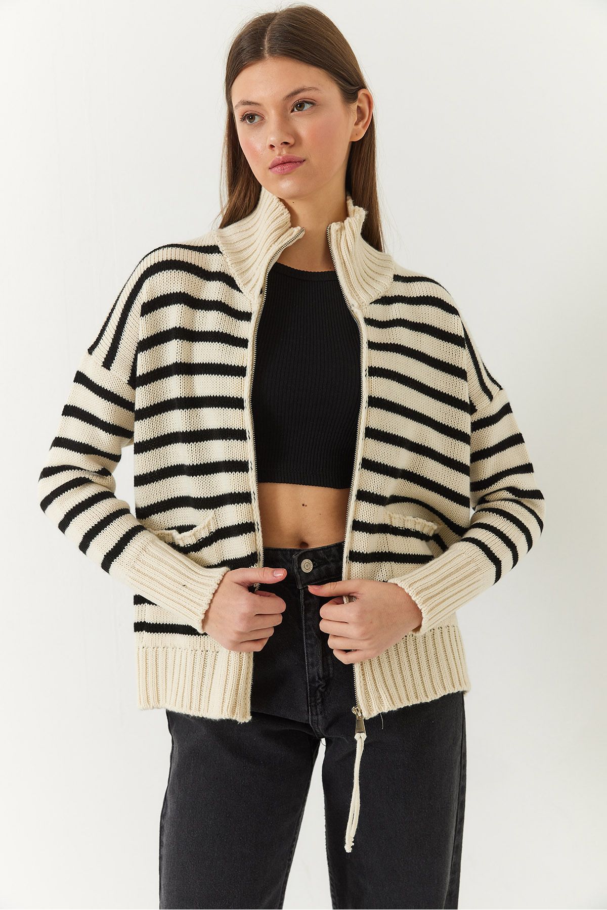 Bianco Lucci-Women's Striped Zippered Knitwear Cardigan 20246314 2