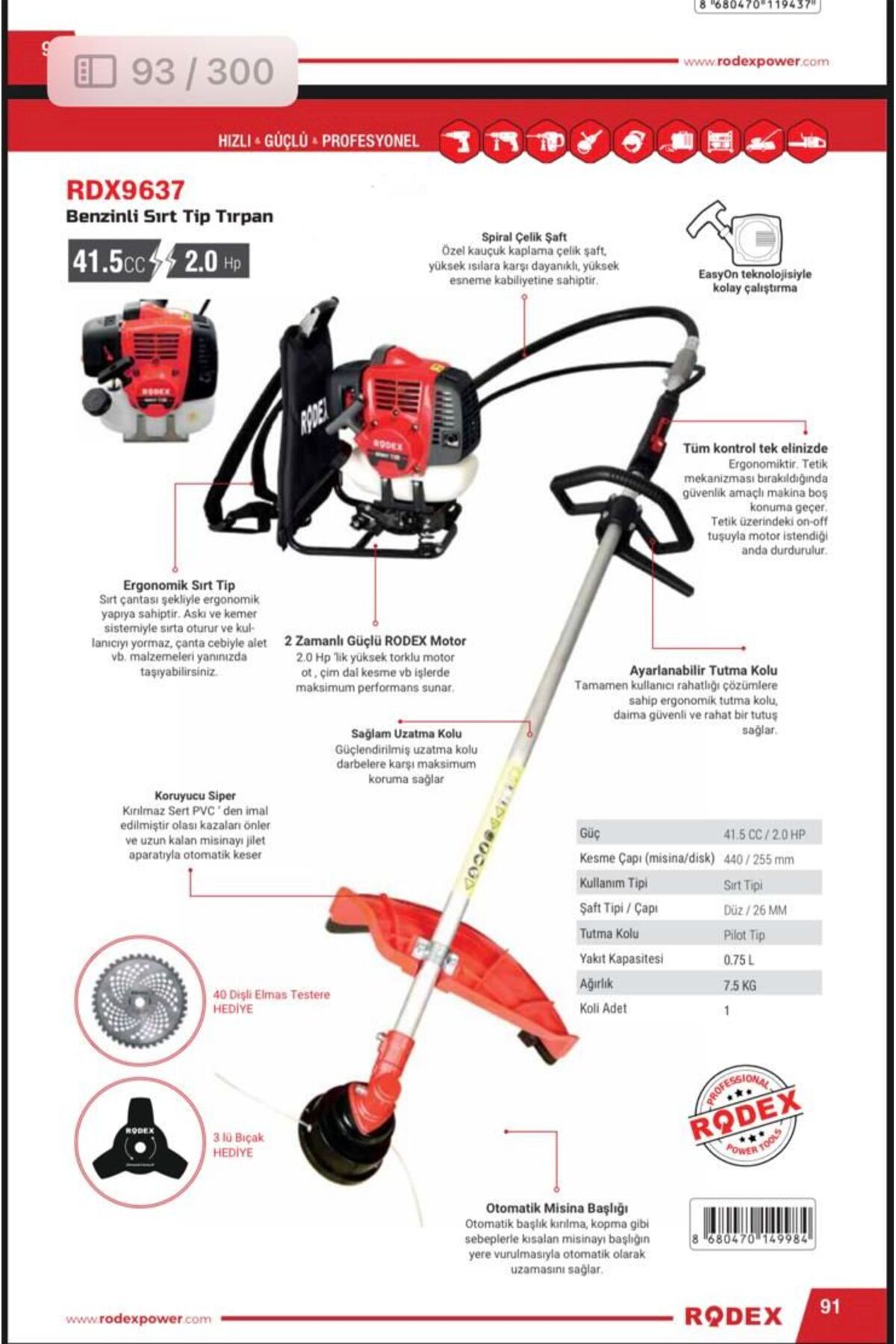Rodex RDX 9637 BENZİNLİ SIRT TIRPANI - Fiyatı, Yorumları
