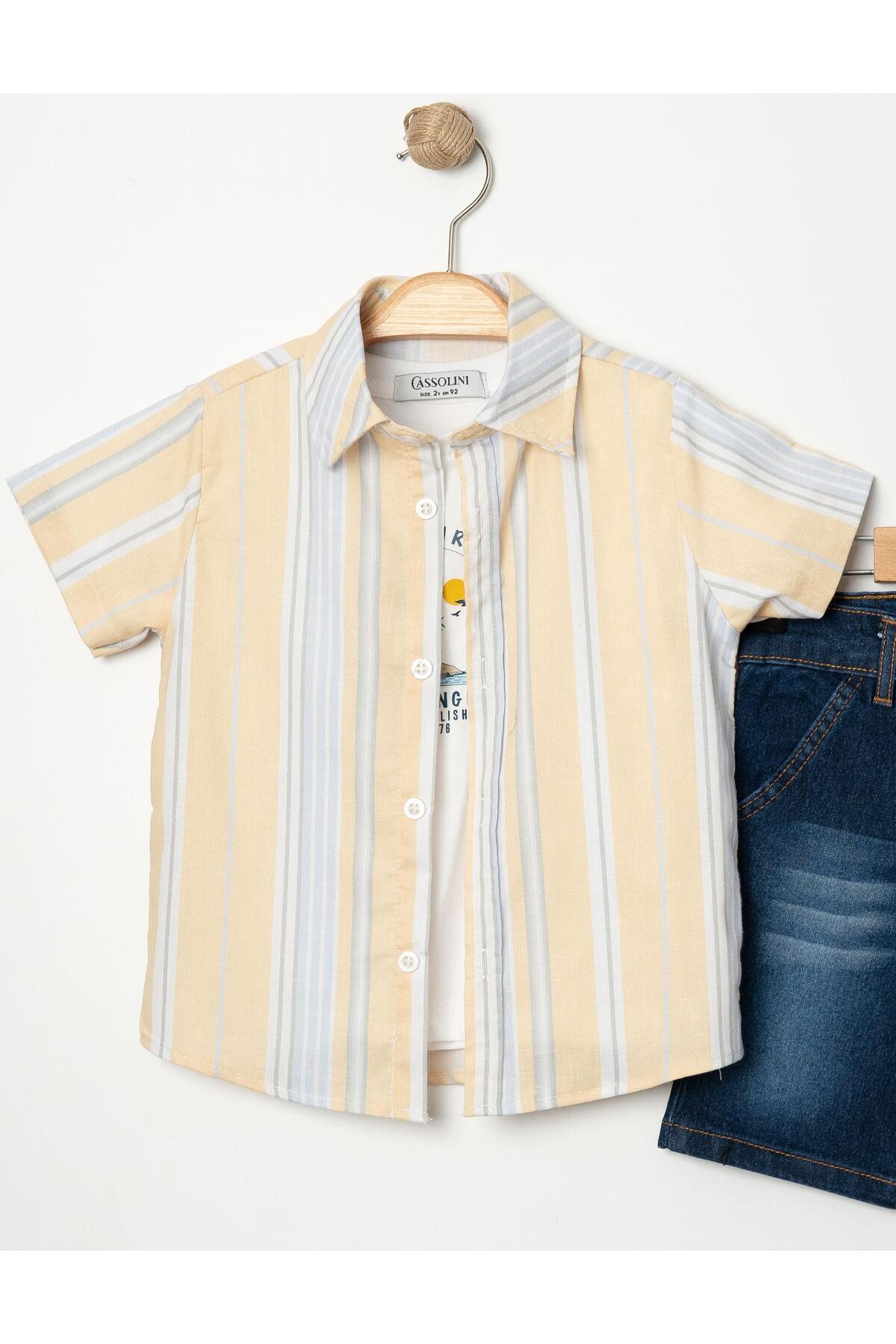 Chicsy Baby Tarz Gömlekli Çizgili Belden Ayarlanabilir Kısa Kollu Şortlu 3'lü Takım Çocuk ve Bebek Giyim Özel Gü fotoğrafı 5 (önizleme)