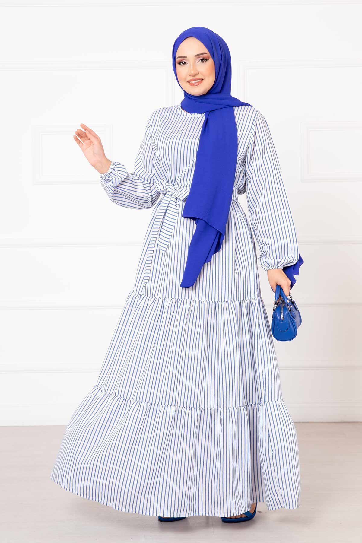 EBRUTESETTÜR-Linen Hijab Dress with Striped Mobile Belt 4