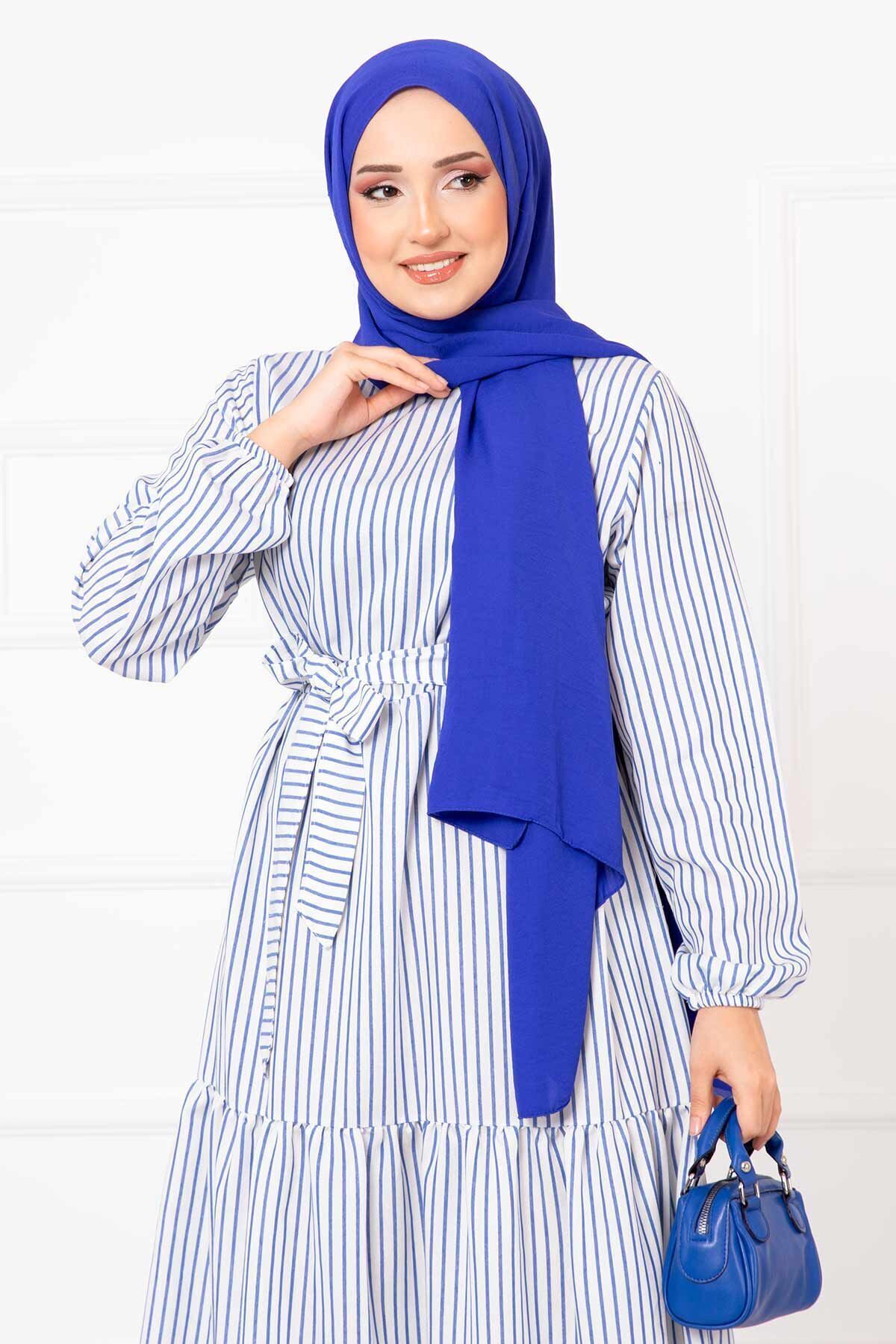 EBRUTESETTÜR-Linen Hijab Dress with Striped Mobile Belt 2