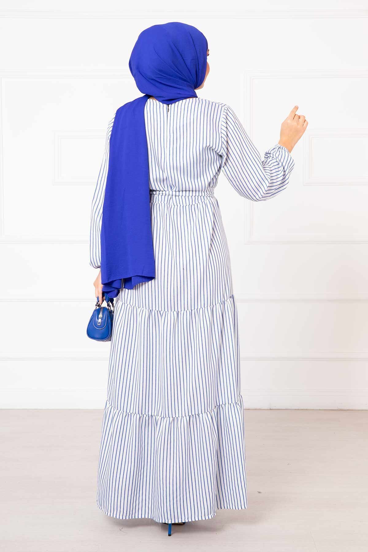 EBRUTESETTÜR-Linen Hijab Dress with Striped Mobile Belt 5