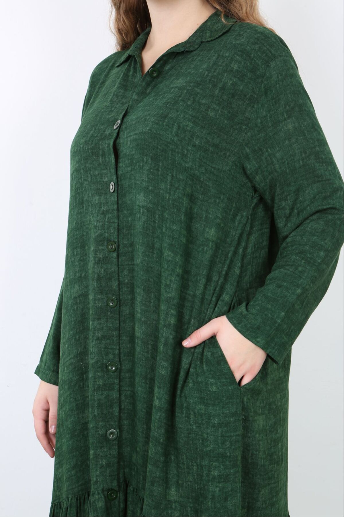 Şans-Women's Plus Size Green Woven Viscose Length Button-Down Long Dress with Pockets 65N38738 4