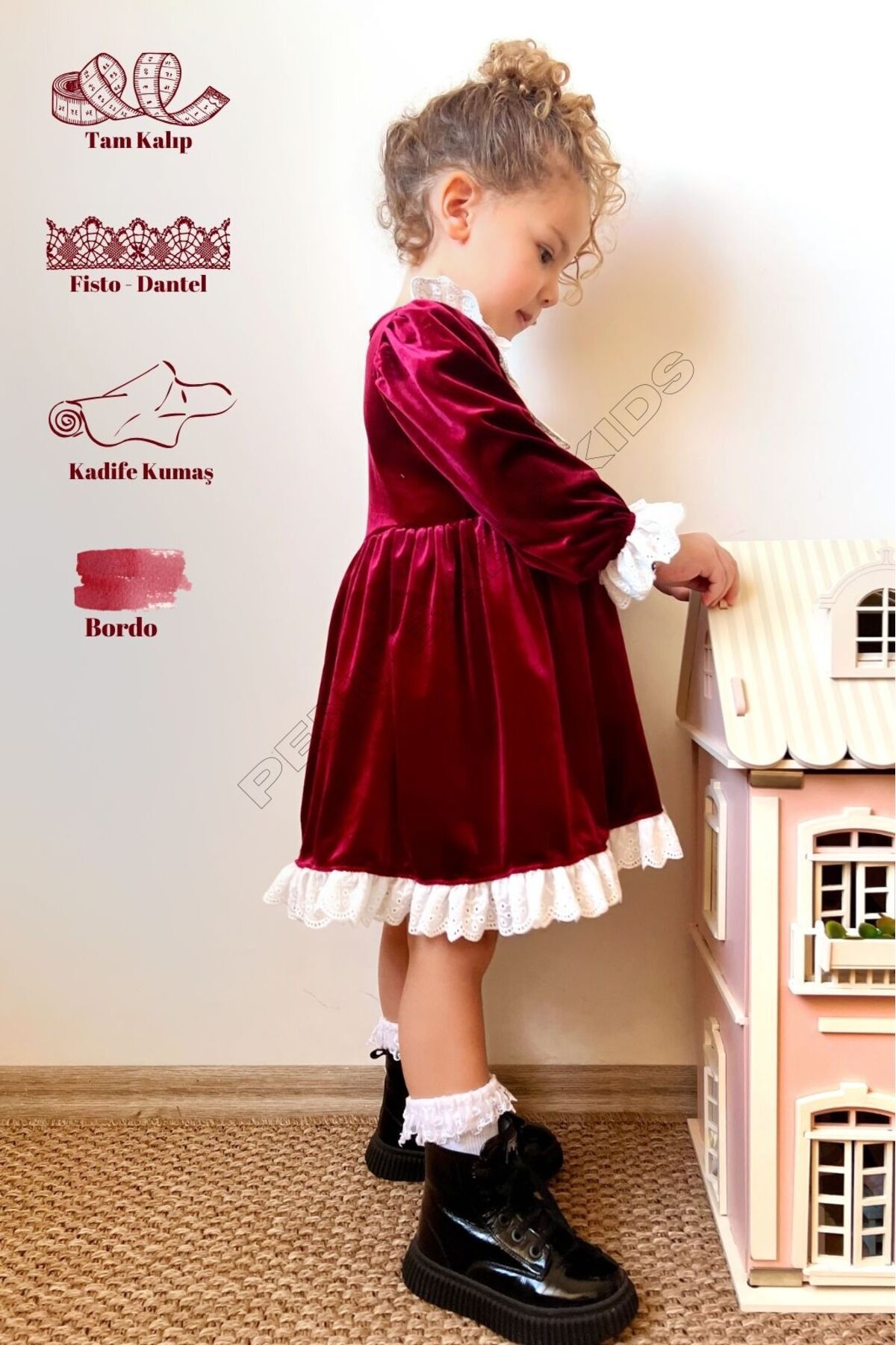 penu baby kids Bordo Kadife Yaka Etek Ve Kol Ucu Dantelli Kız Çocuk Kız Bebek Elbise-LİA fotoğrafı 3 (önizleme)