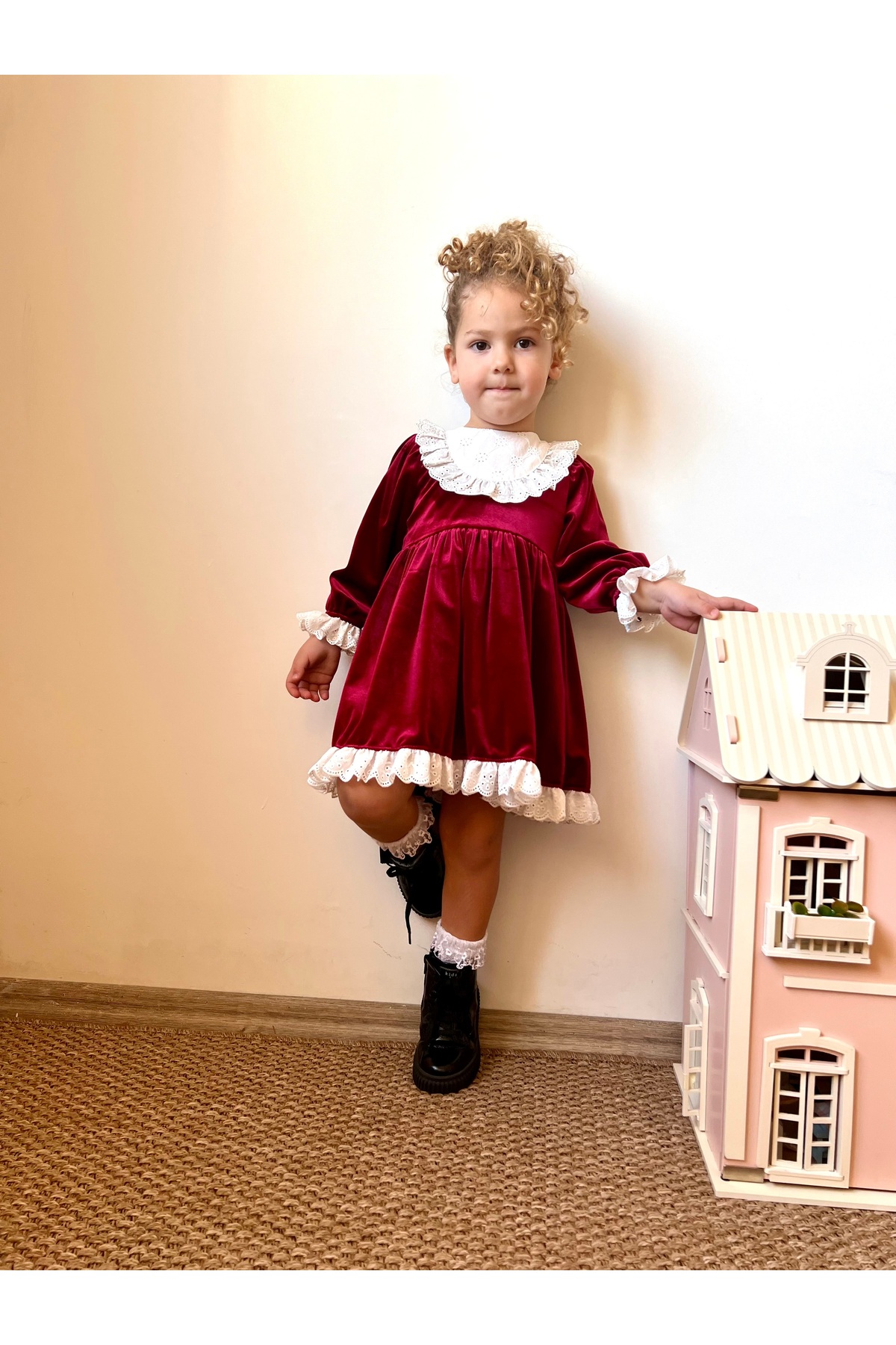 penu baby kids Bordo Kadife Yaka Etek Ve Kol Ucu Dantelli Kız Çocuk Kız Bebek Elbise-LİA fotoğrafı 5 (önizleme)