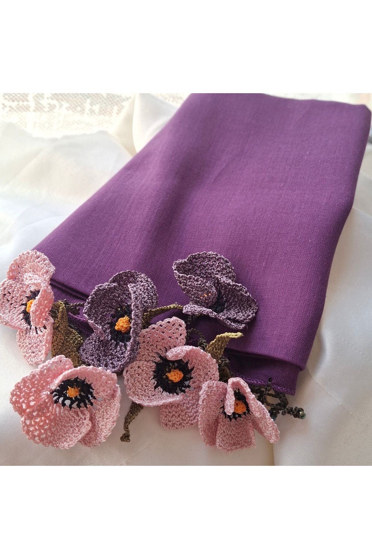 azra takı tasarım-Purple Floral Patterned Cotton Women's Scarf - Authentic and Bohemian Style 3