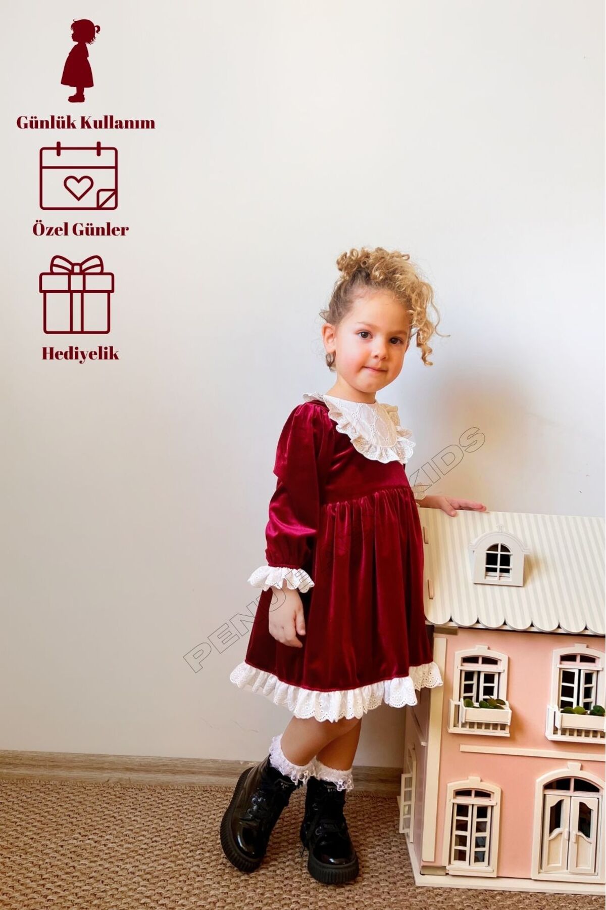 penu baby kids Bordo Kadife Yaka Etek Ve Kol Ucu Dantelli Kız Çocuk Kız Bebek Elbise-LİA fotoğrafı 2 (önizleme)