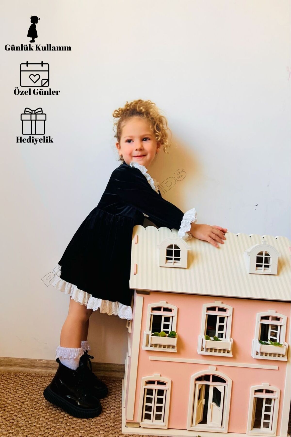 Baby Girl Dress with Black Lace Detail Velvet Cotton Lining