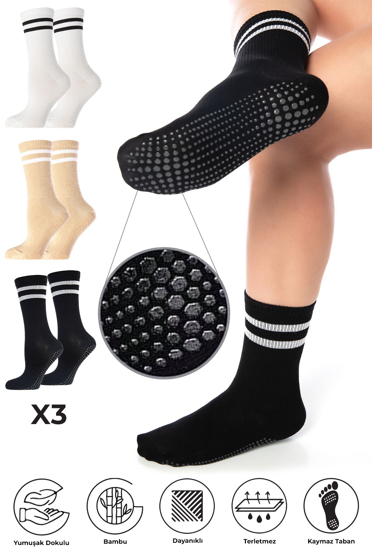 SAYSEZ Bamboo Women - Set De Șosete Din 3 Bucăți, Cu Imprimare Din Silicon, Pilates, Yoga, Fitness, Balet, Activitate, Tenis Femeie - One Size