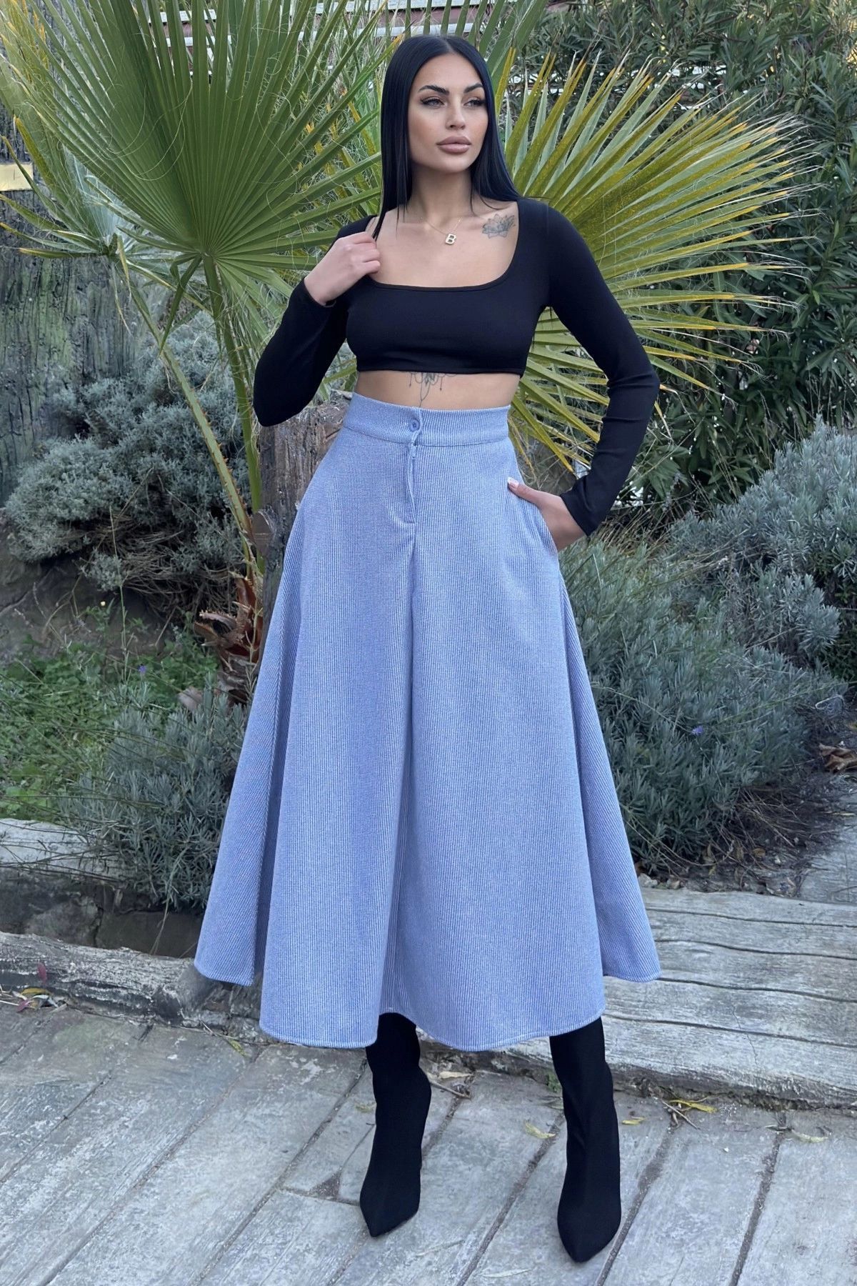 NEW LAVİVA-Blue High Waist, Pockets, Kilos Cutout, Gingham Knitted Stamp Long Skirt 1