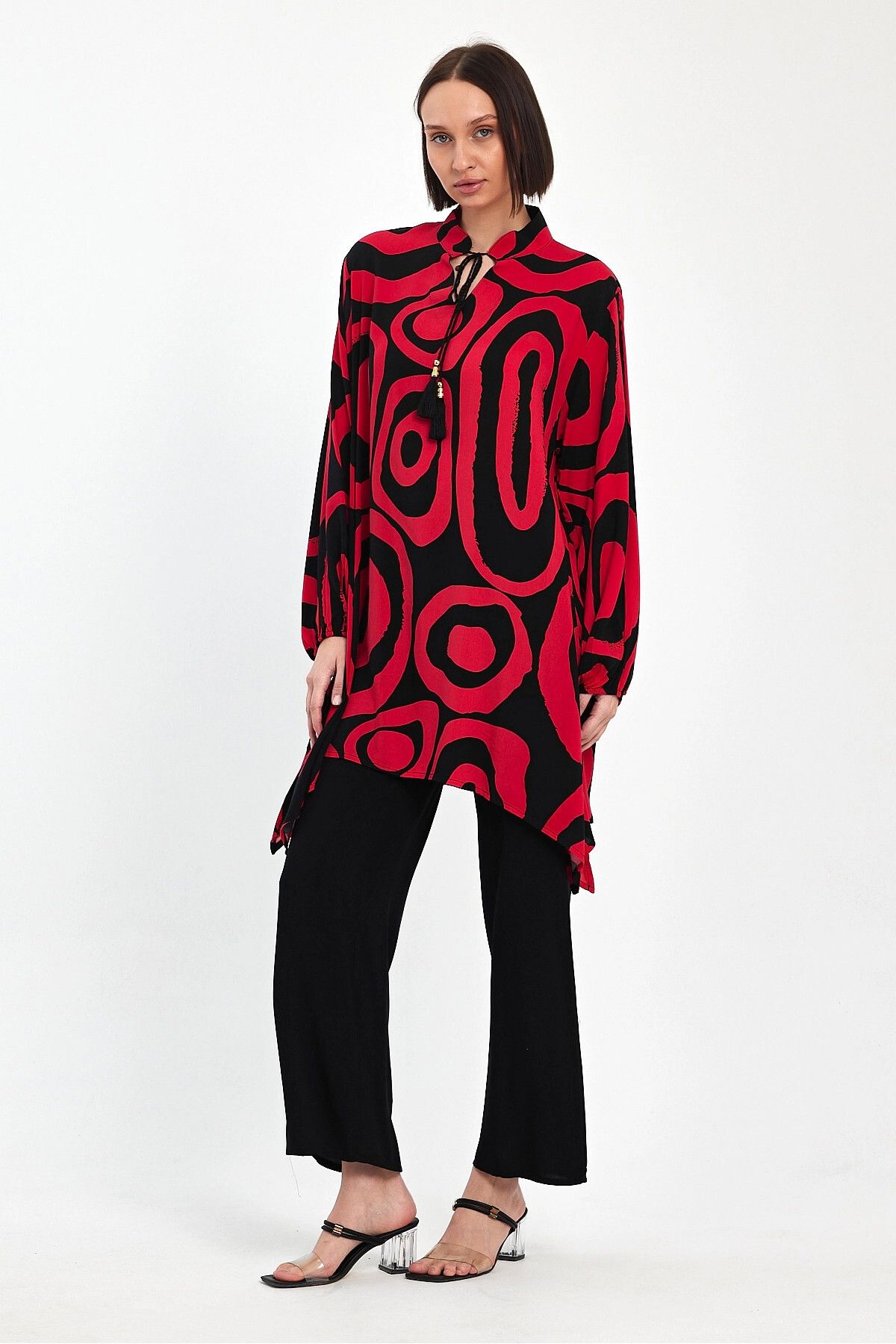bacc-Red Geometric Print Plus Size Casual Pants and Tunic Set - Bcvl- 241017 8