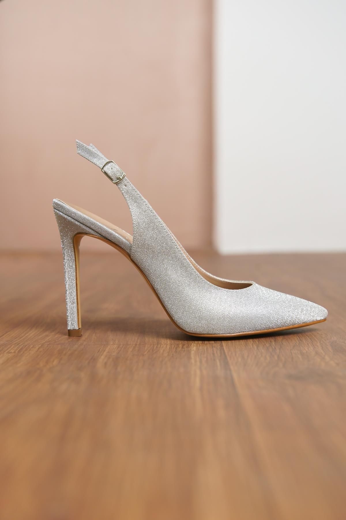 Çaçaroz Ayakkabı-Shimmering Stiletto Open Back Large Size Shoes 5